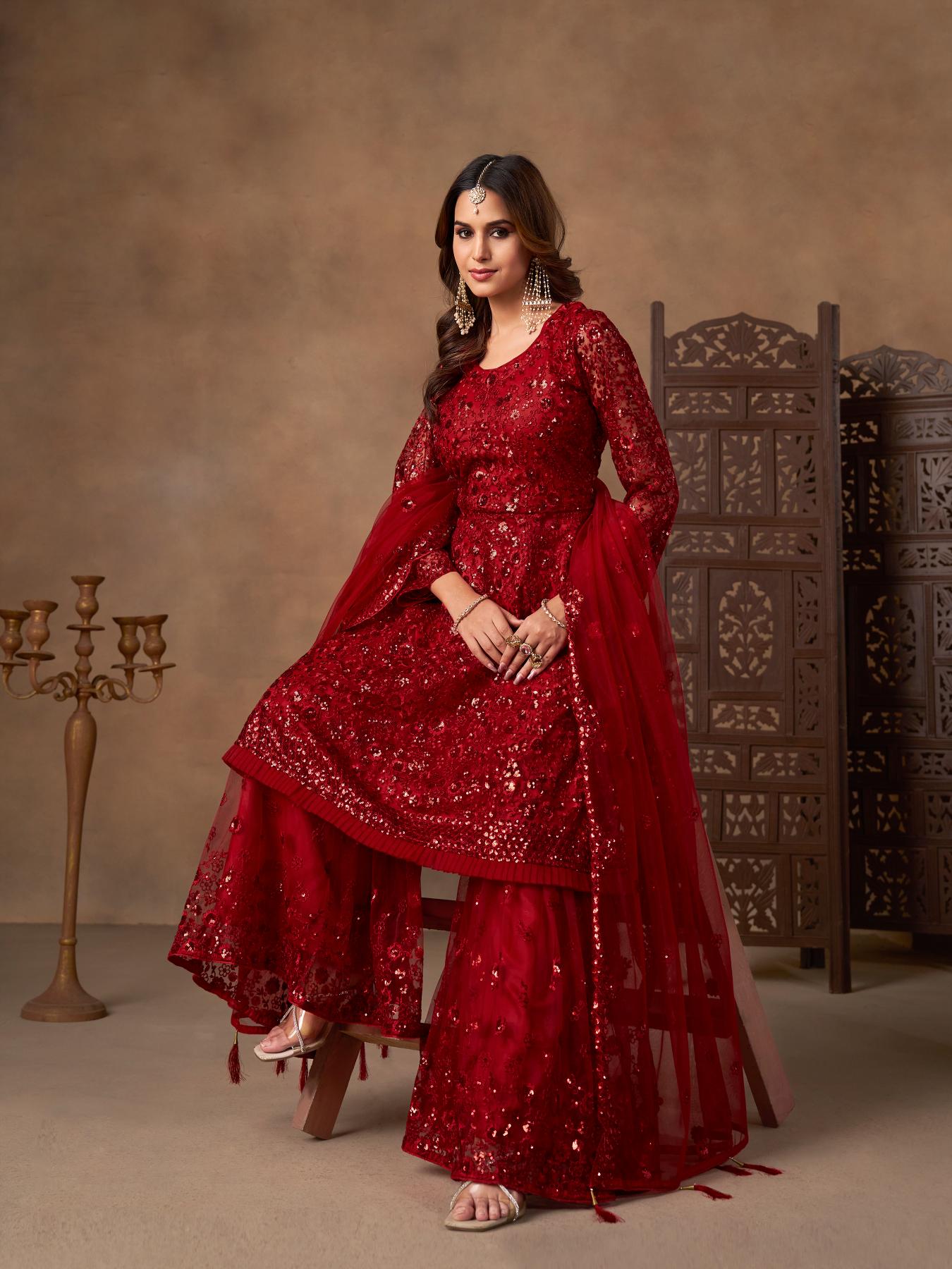 Maroon Embroidered Net Sharara Suit