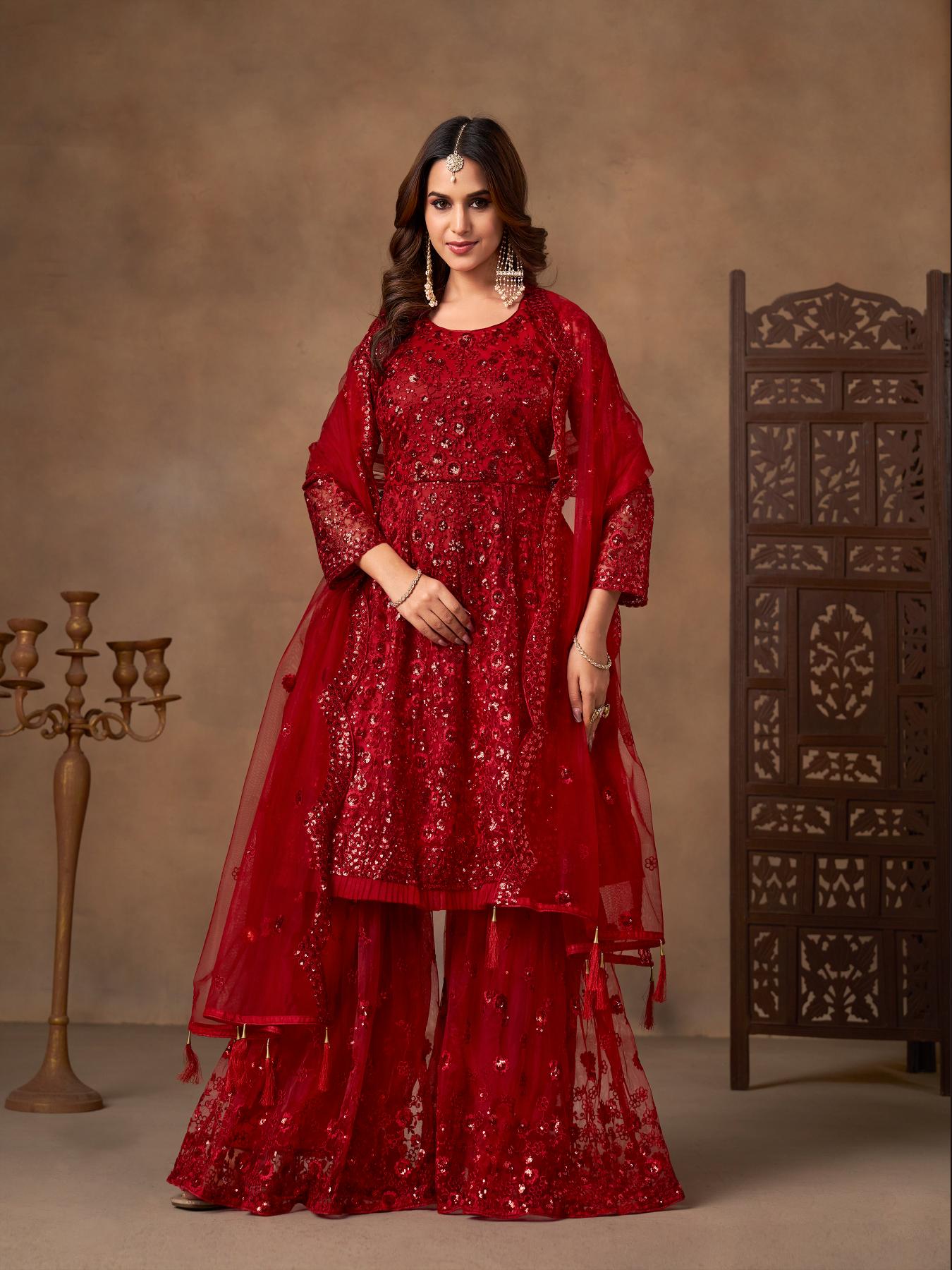 Maroon Embroidered Net Sharara Suit