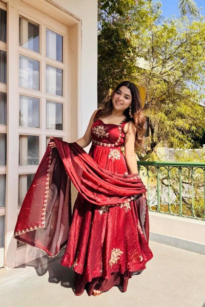 Maroon Embroidered Pure Fendy Silk Anarkali Suit