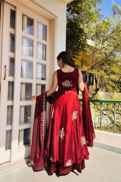 Maroon Embroidered Pure Fendy Silk Anarkali Suit — alternate view