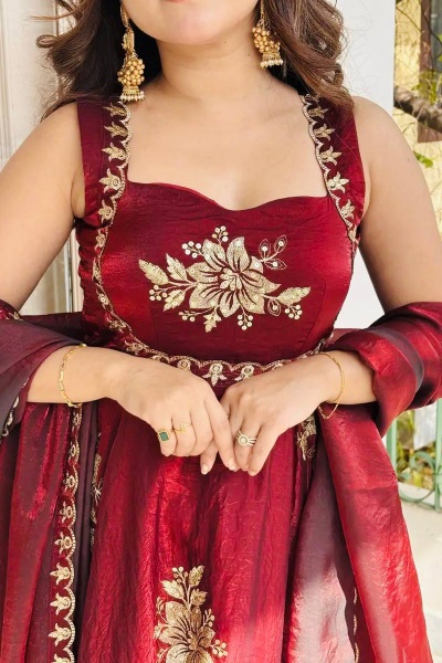 Maroon Embroidered Pure Fendy Silk Anarkali Suit