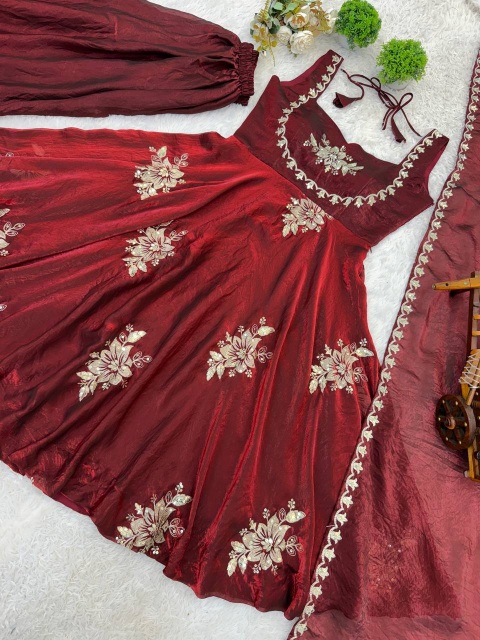 Maroon Embroidered Pure Fendy Silk Anarkali Suit