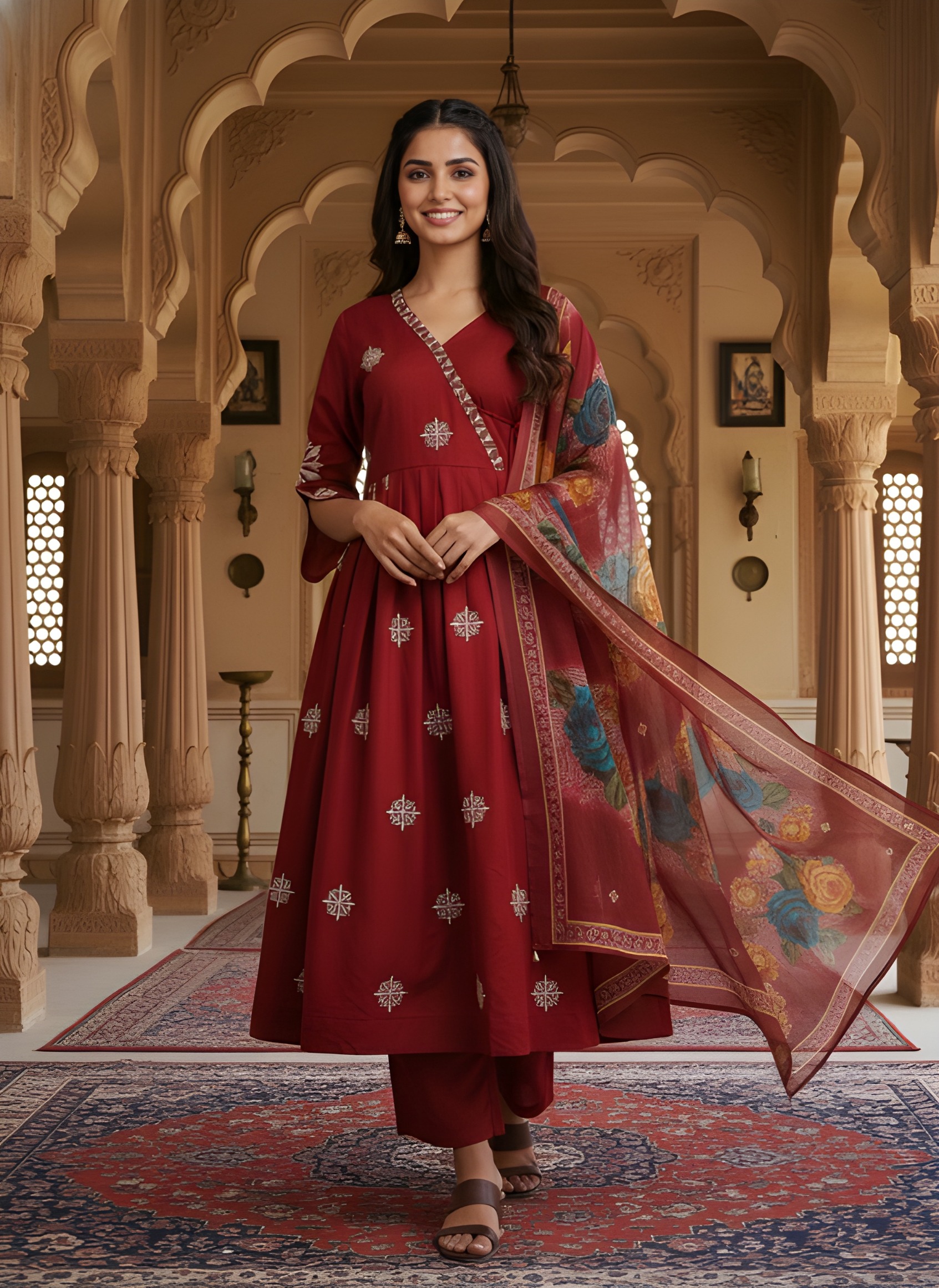 Maroon Embroidered Roman Silk Salwar Suit