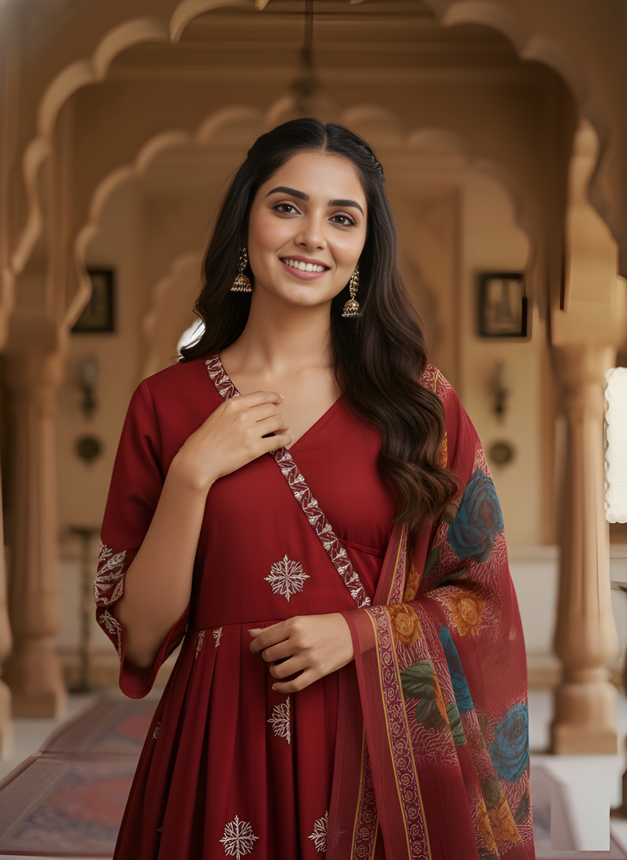 Maroon Embroidered Roman Silk Salwar Suit