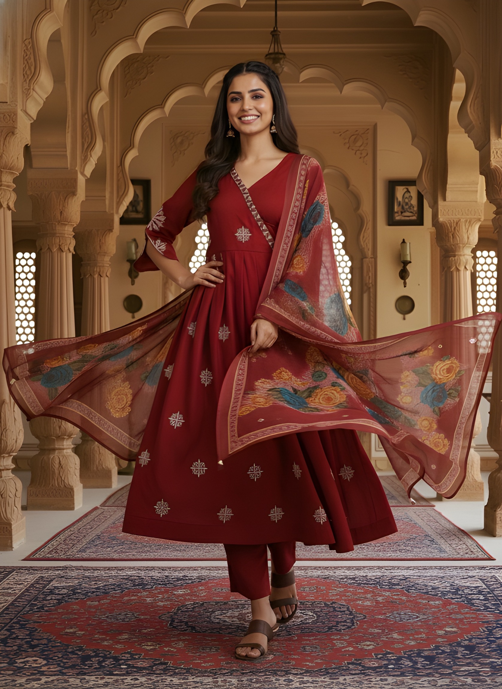 Maroon Embroidered Roman Silk Salwar Suit