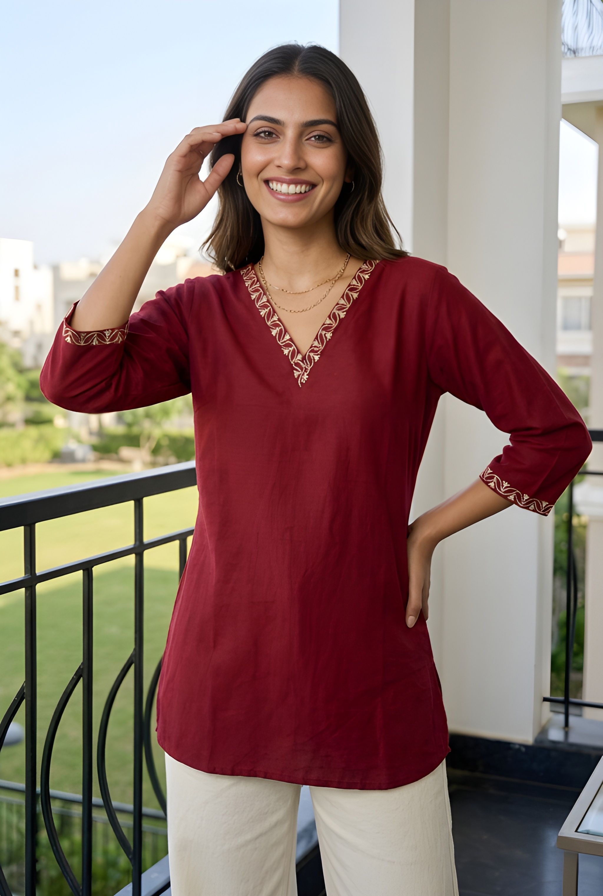 Maroon Embroidered Roman Silk Tunic Top