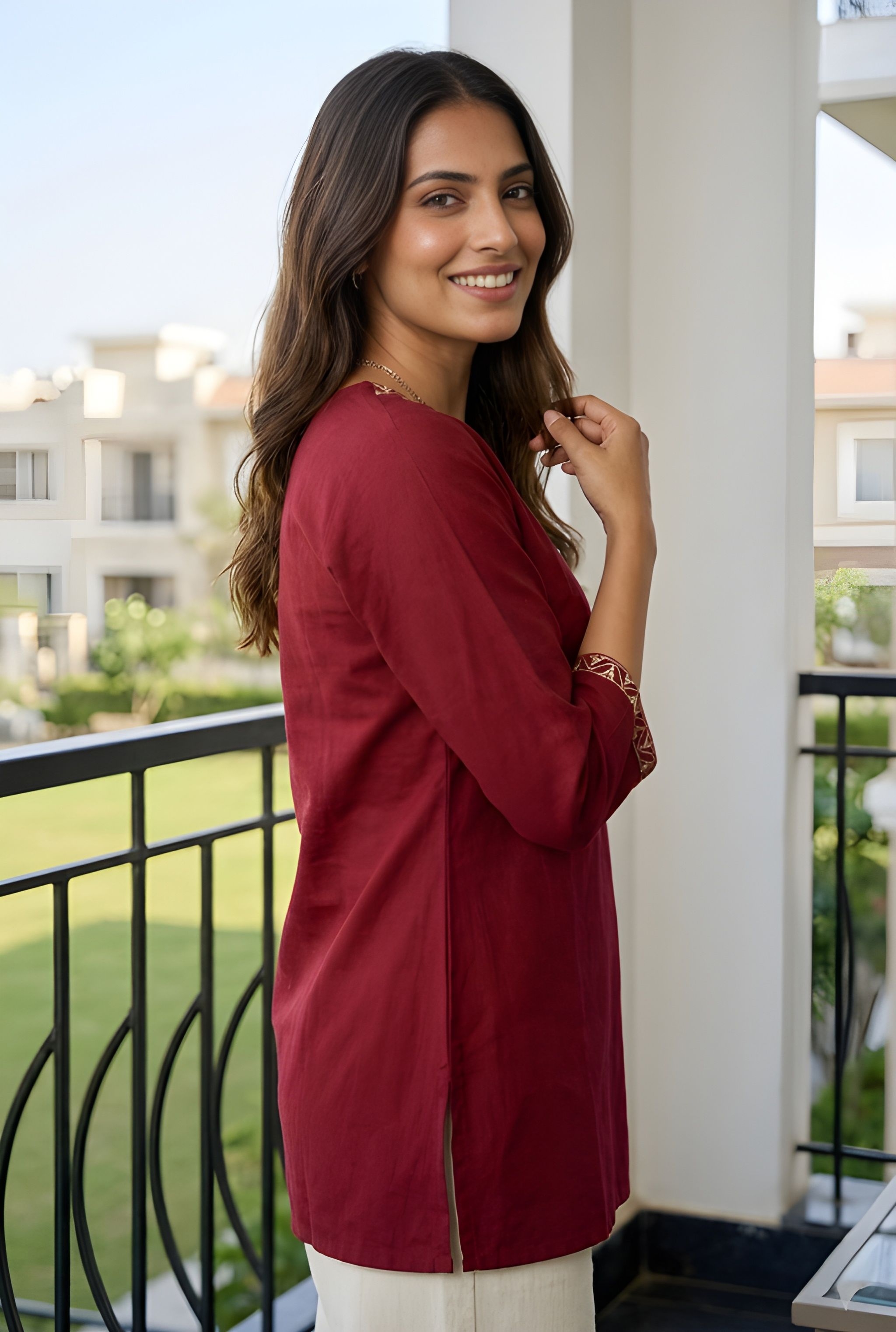 Maroon Embroidered Roman Silk Tunic Top