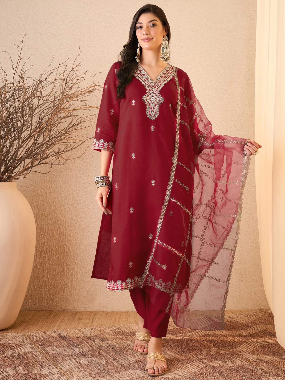 Maroon Embroidered Silk Blend Straight Suit
