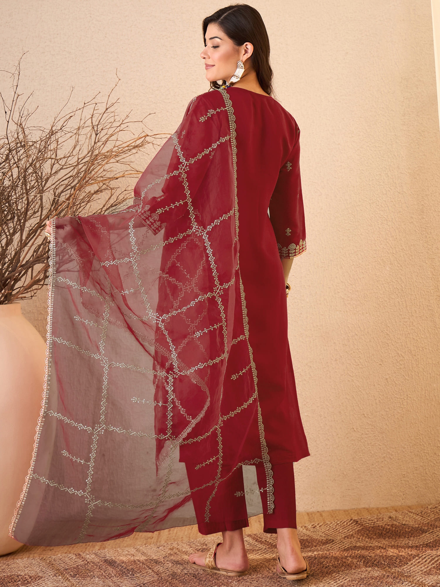 Maroon Embroidered Silk Blend Straight Suit — alternate view