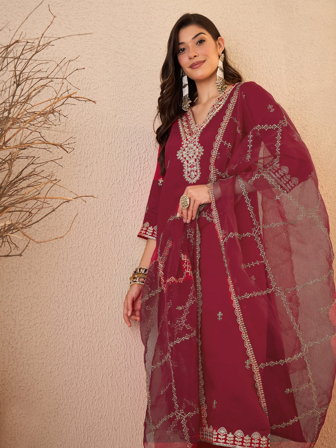 Maroon Embroidered Silk Blend Straight Suit