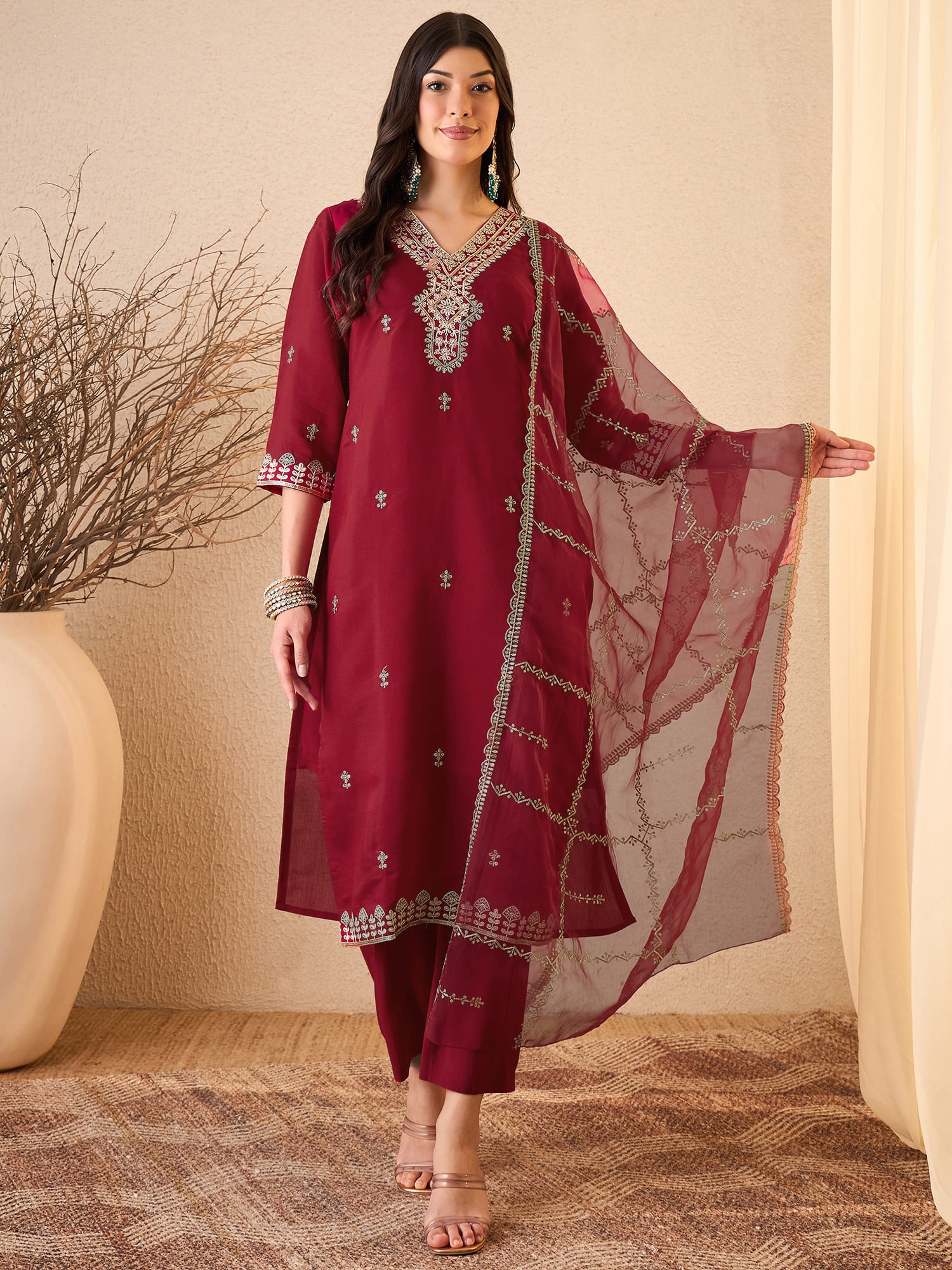 Maroon Embroidered Silk Blend Straight Suit