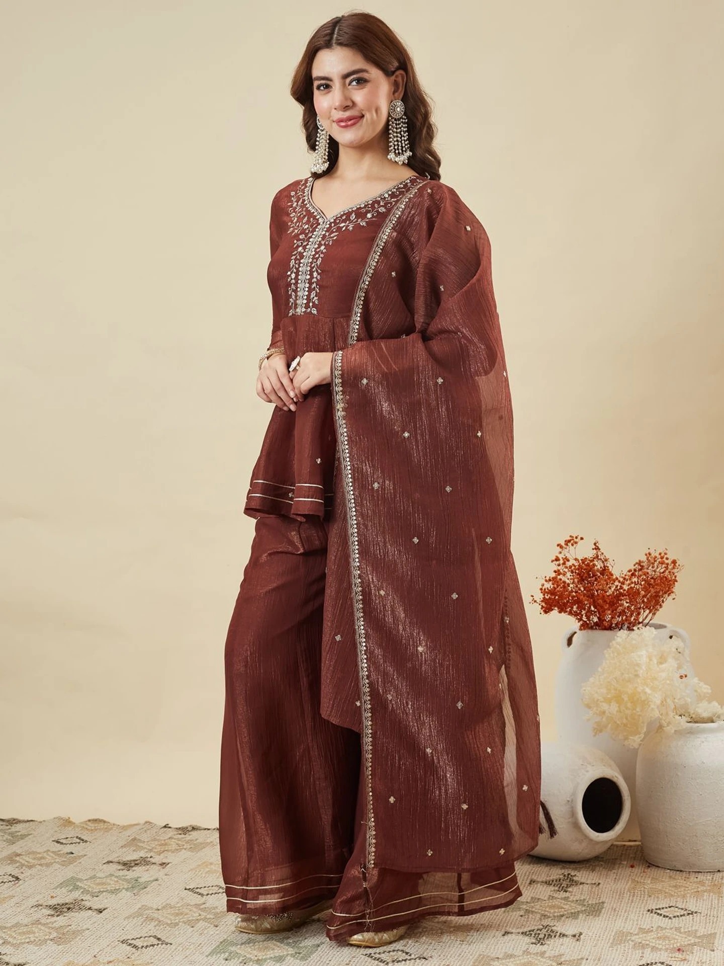 Maroon Embroidered Silk Indo-Western Co-ord Set