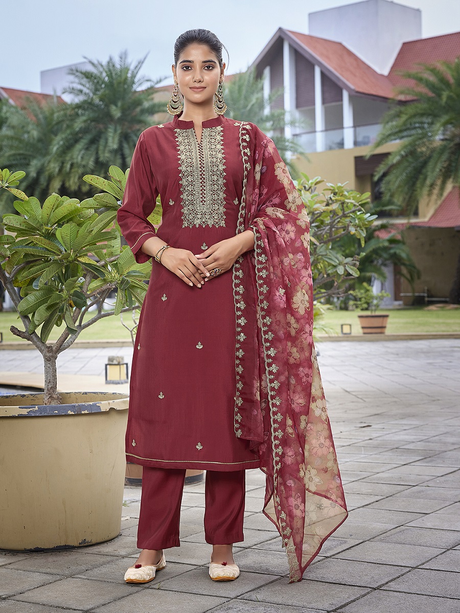 Maroon Embroidered Viscose Chanderi Readymade Suit
