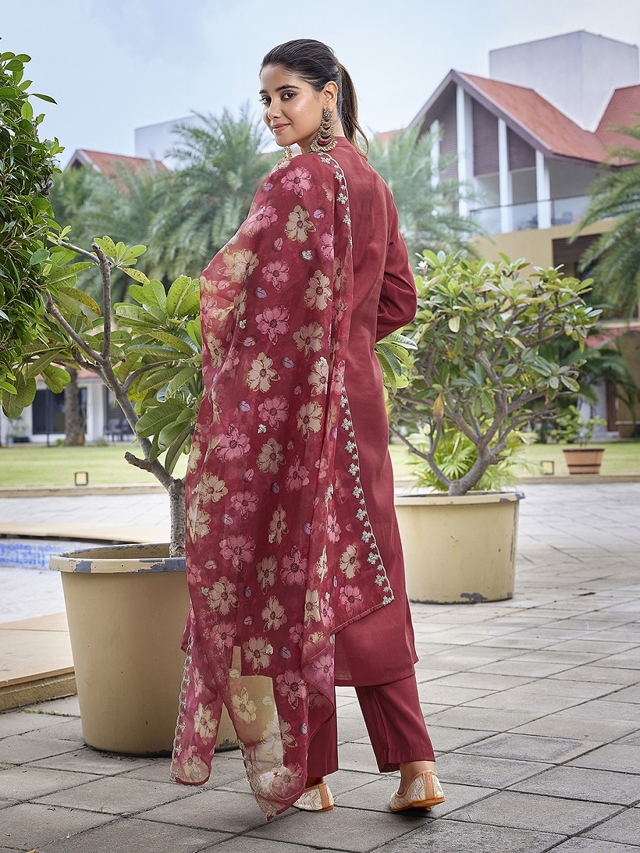 Maroon Embroidered Viscose Chanderi Readymade Suit — alternate view