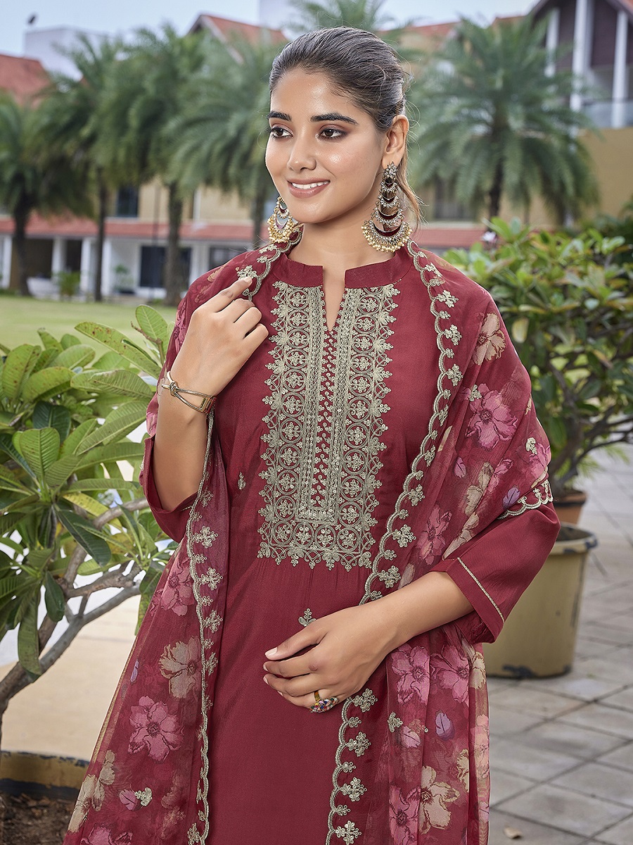 Maroon Embroidered Viscose Chanderi Readymade Suit