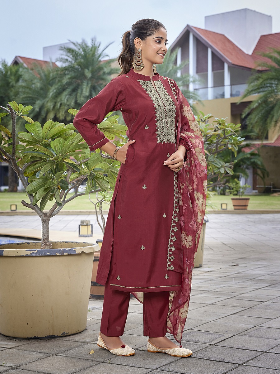Maroon Embroidered Viscose Chanderi Readymade Suit