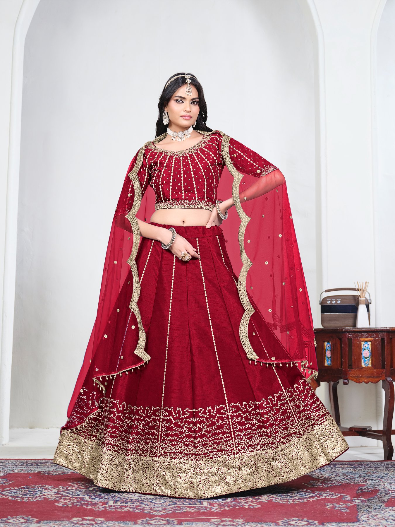 Maroon Embroidery Art Silk Bridal Lehenga