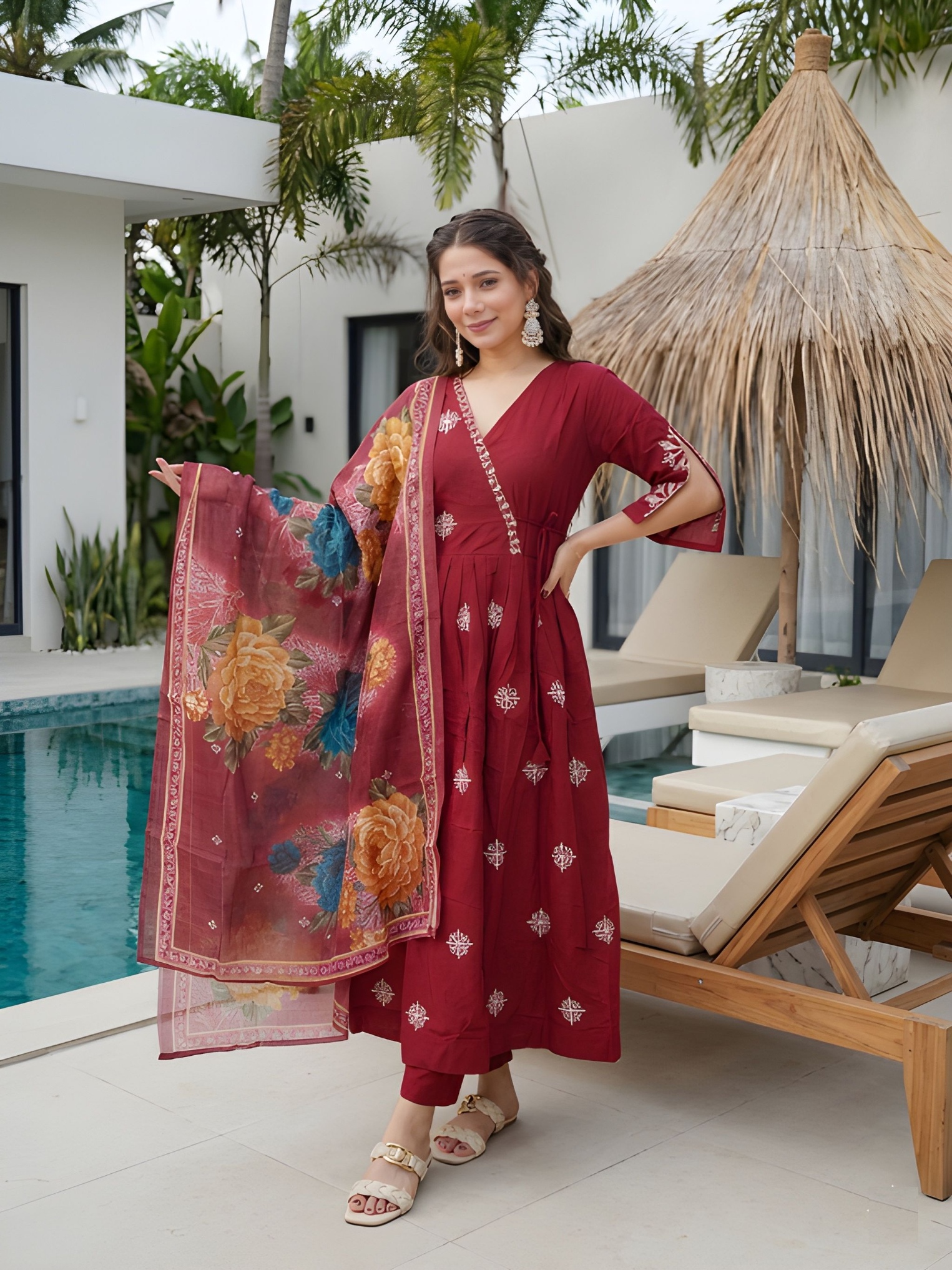 Maroon Embroidery Work Roman Silk Anarkali Suit