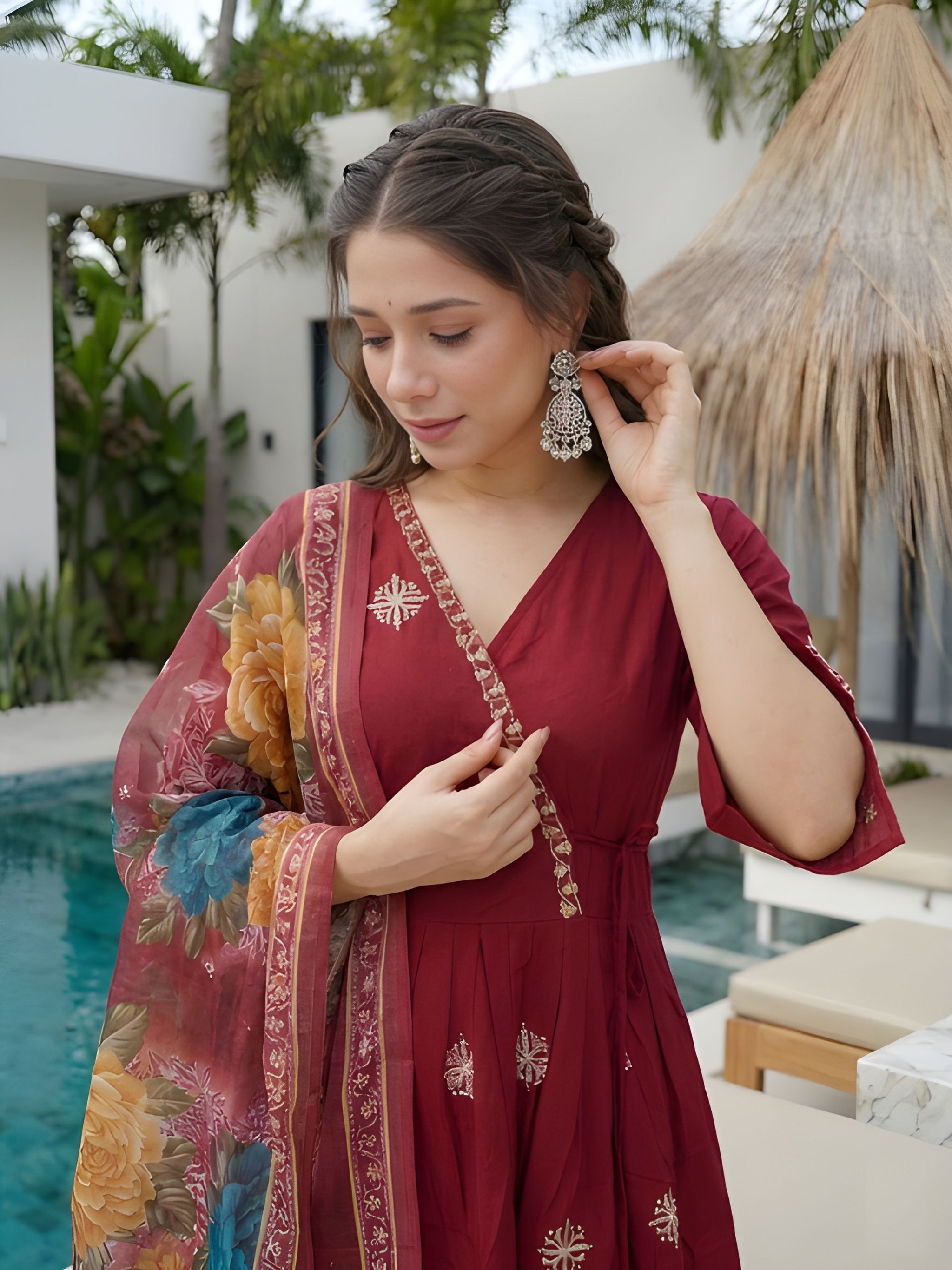 Maroon Embroidery Work Roman Silk Anarkali Suit