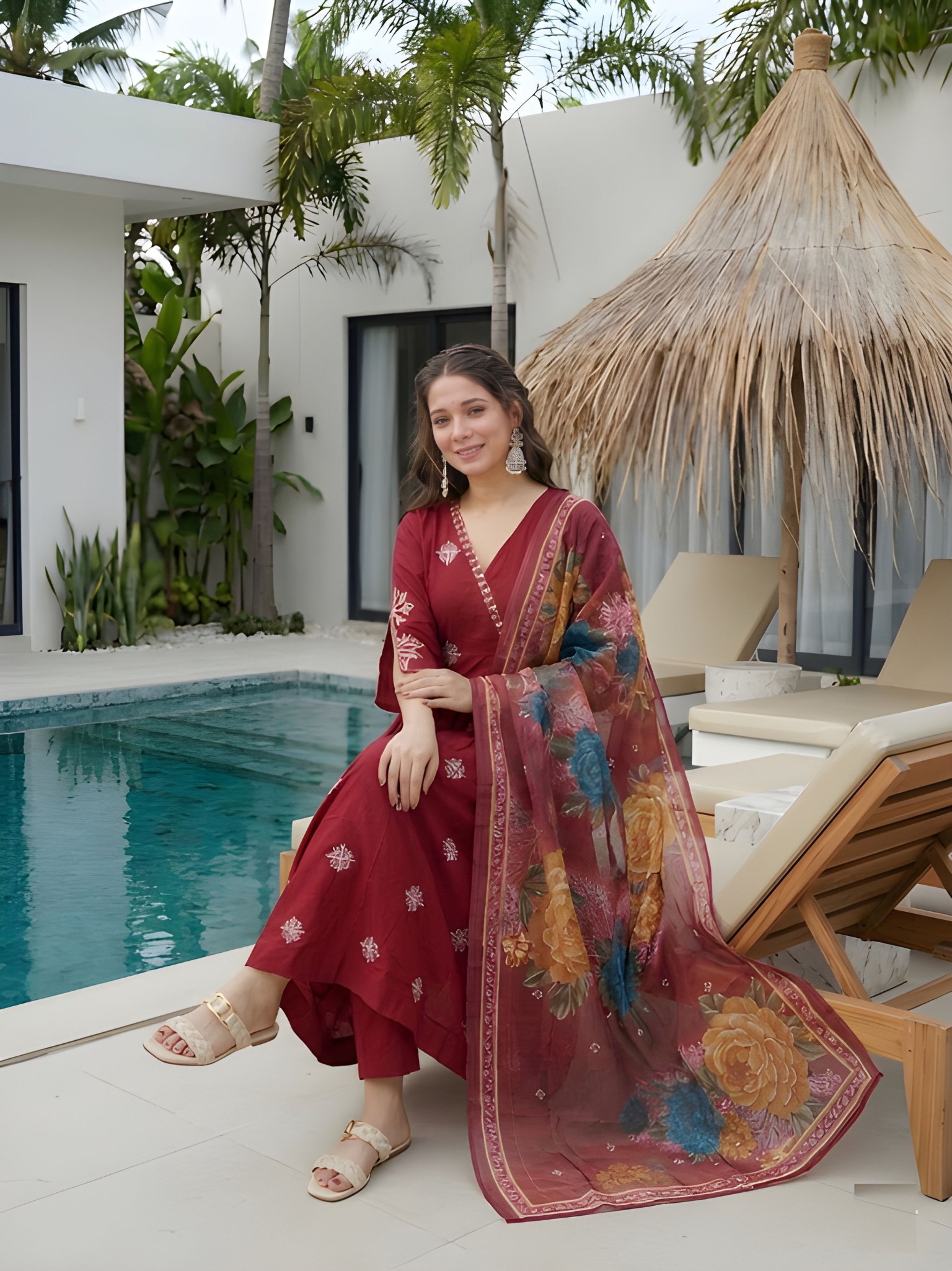 Maroon Embroidery Work Roman Silk Anarkali Suit