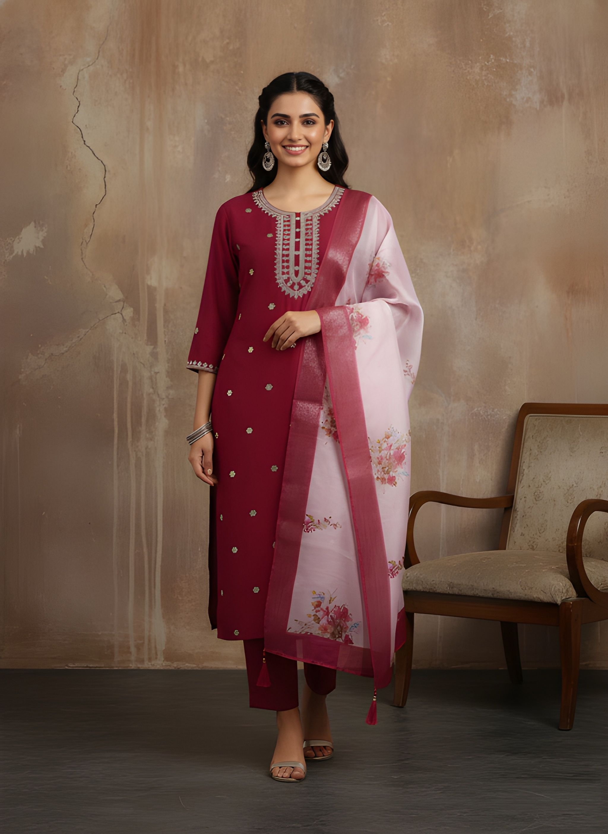 Maroon Embroidery Work Roman Silk Salwar Suit