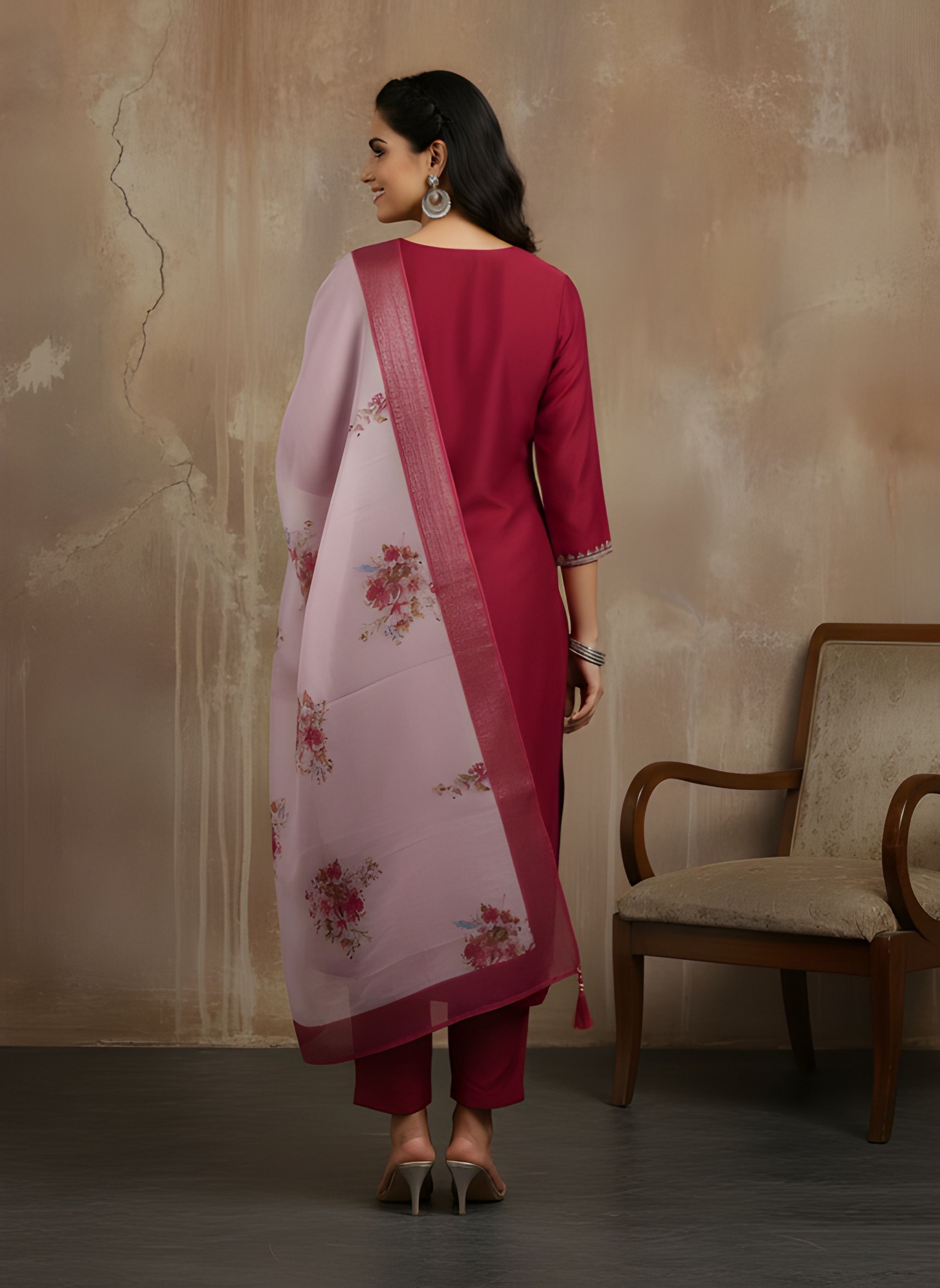 Maroon Embroidery Work Roman Silk Salwar Suit — alternate view
