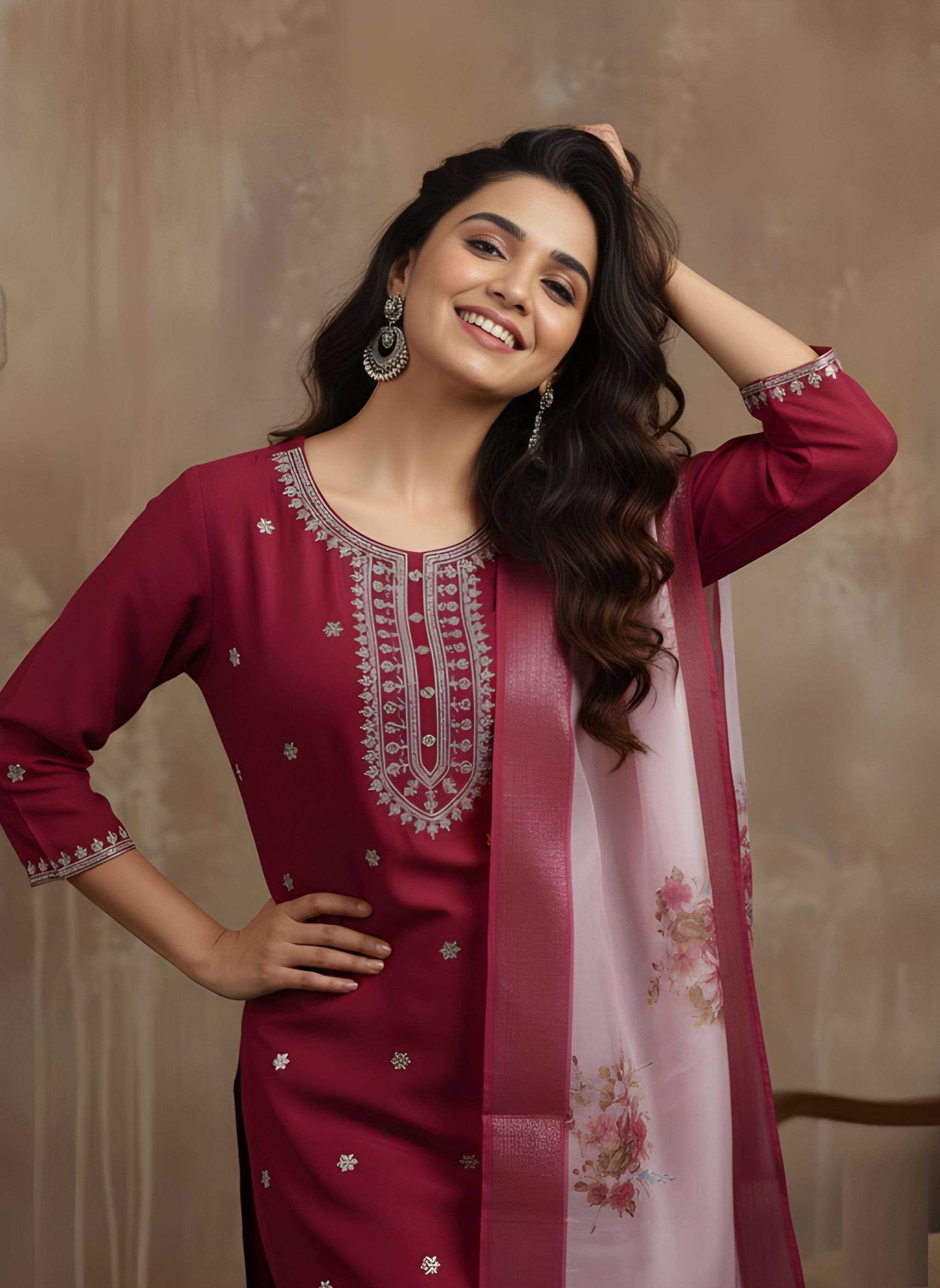 Maroon Embroidery Work Roman Silk Salwar Suit
