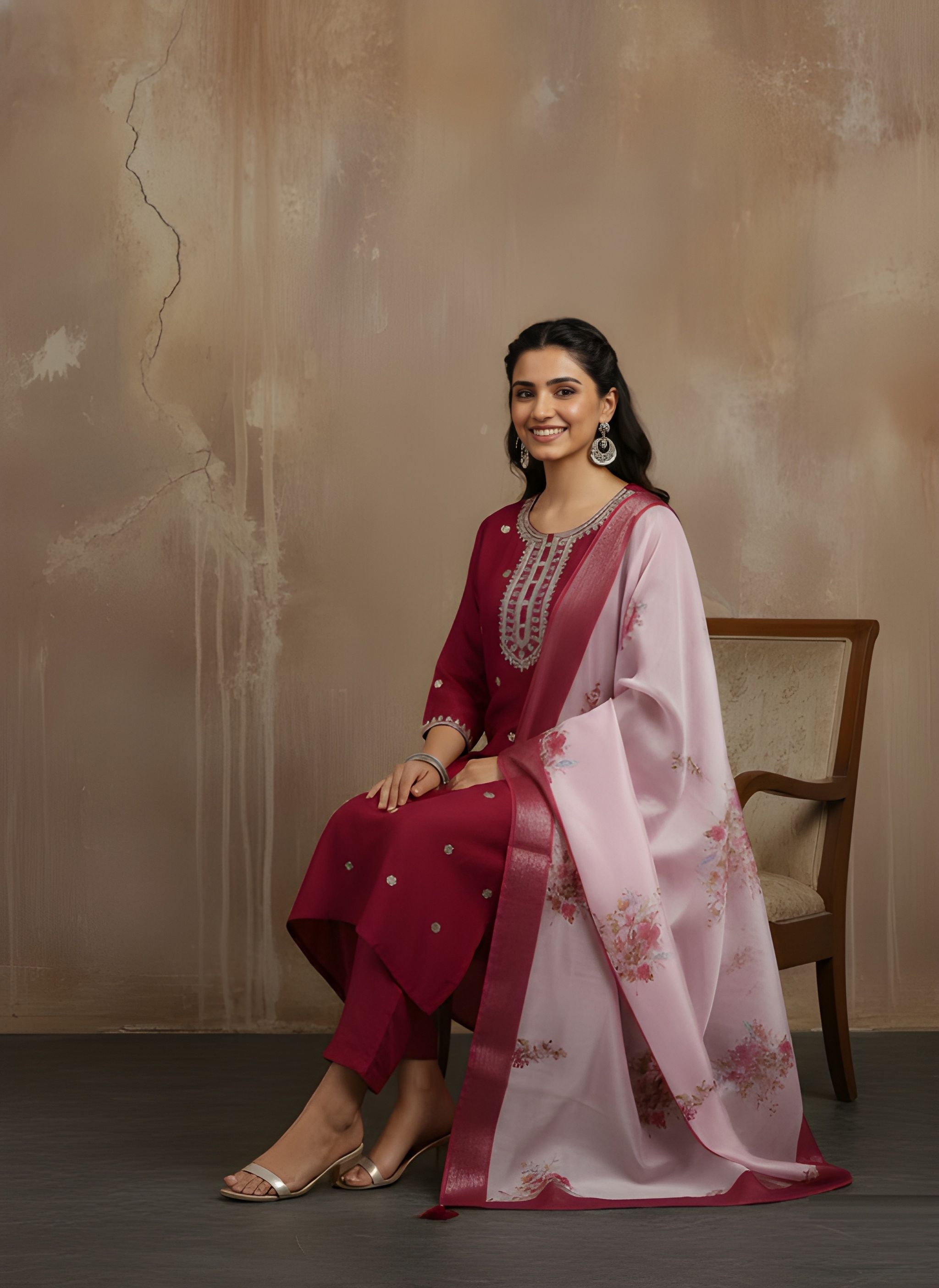 Maroon Embroidery Work Roman Silk Salwar Suit