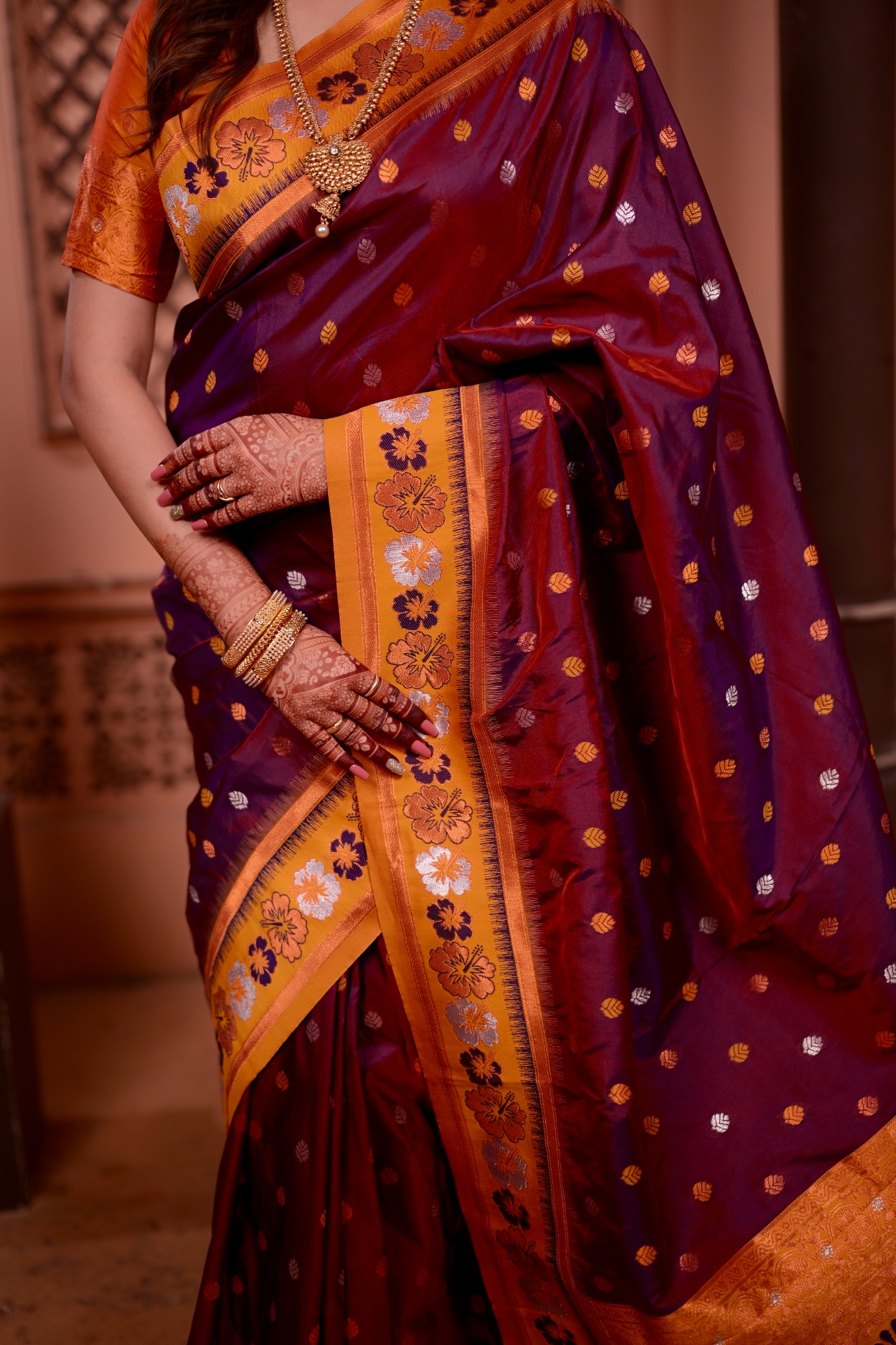 Maroon Ethnic Motif Zari Woven Soft Silk Saree