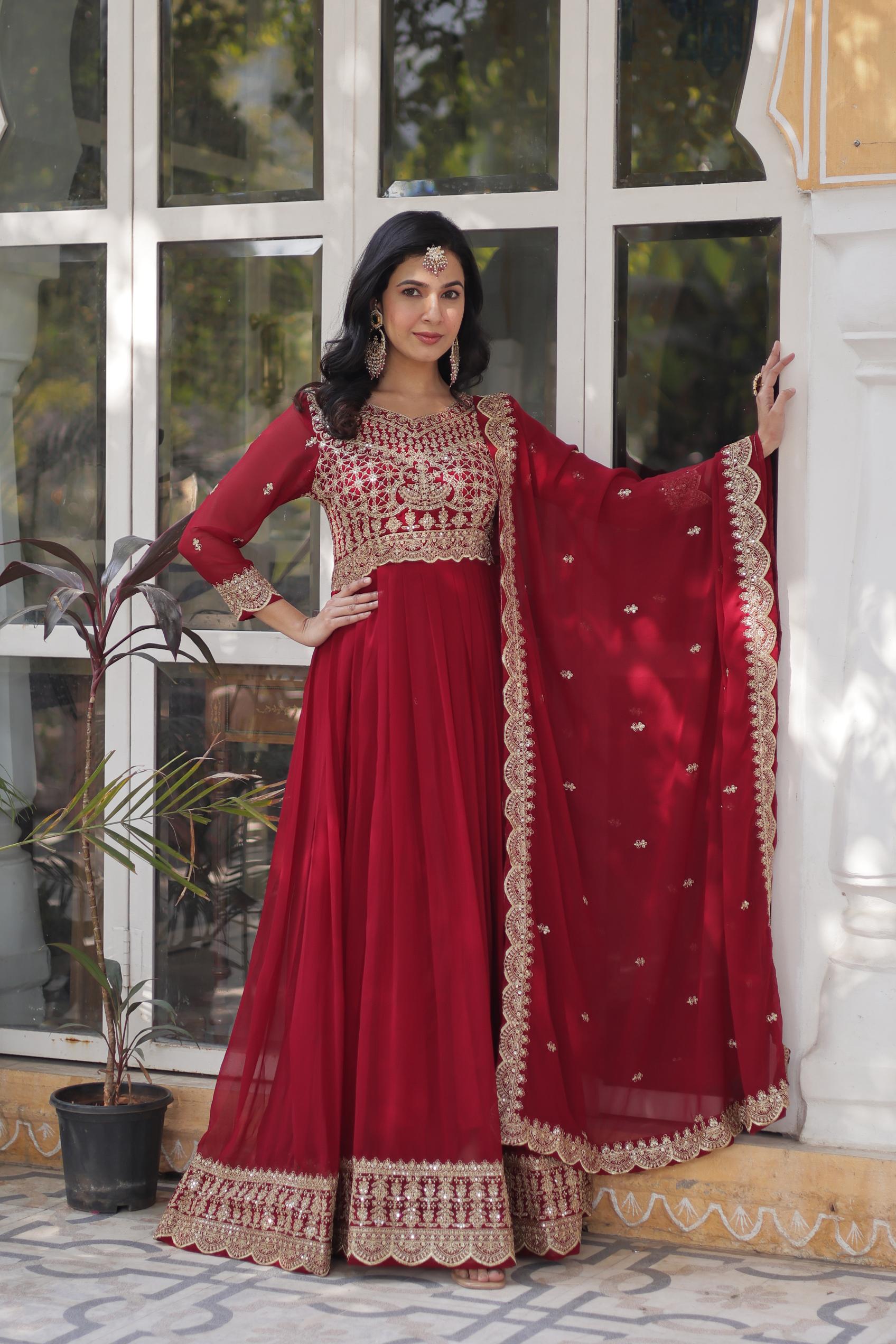 Maroon Faux Georgette Festive Gown