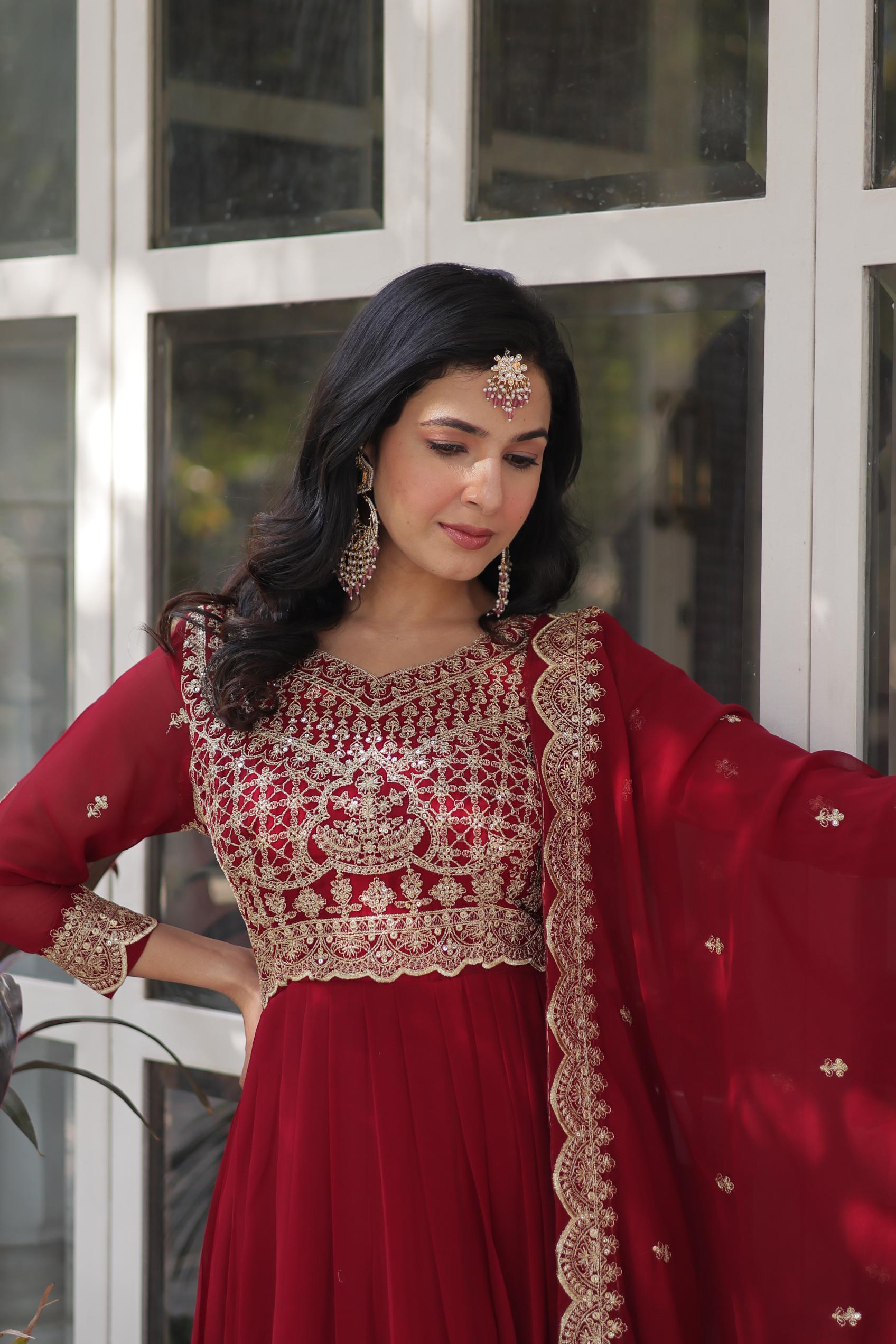 Maroon Faux Georgette Festive Gown