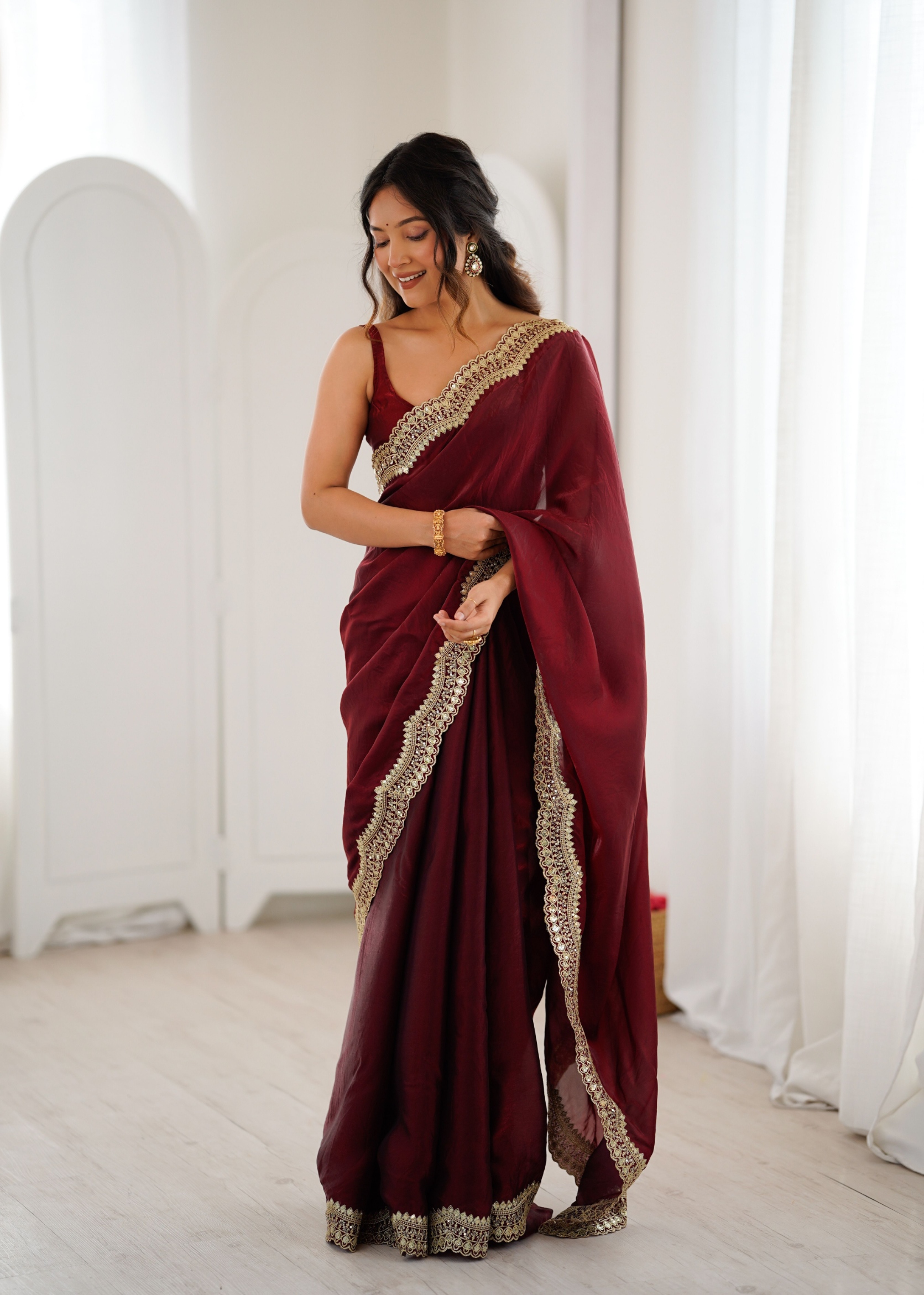 Maroon Fendy Satin Silk Sequin Zari Embroidered Saree