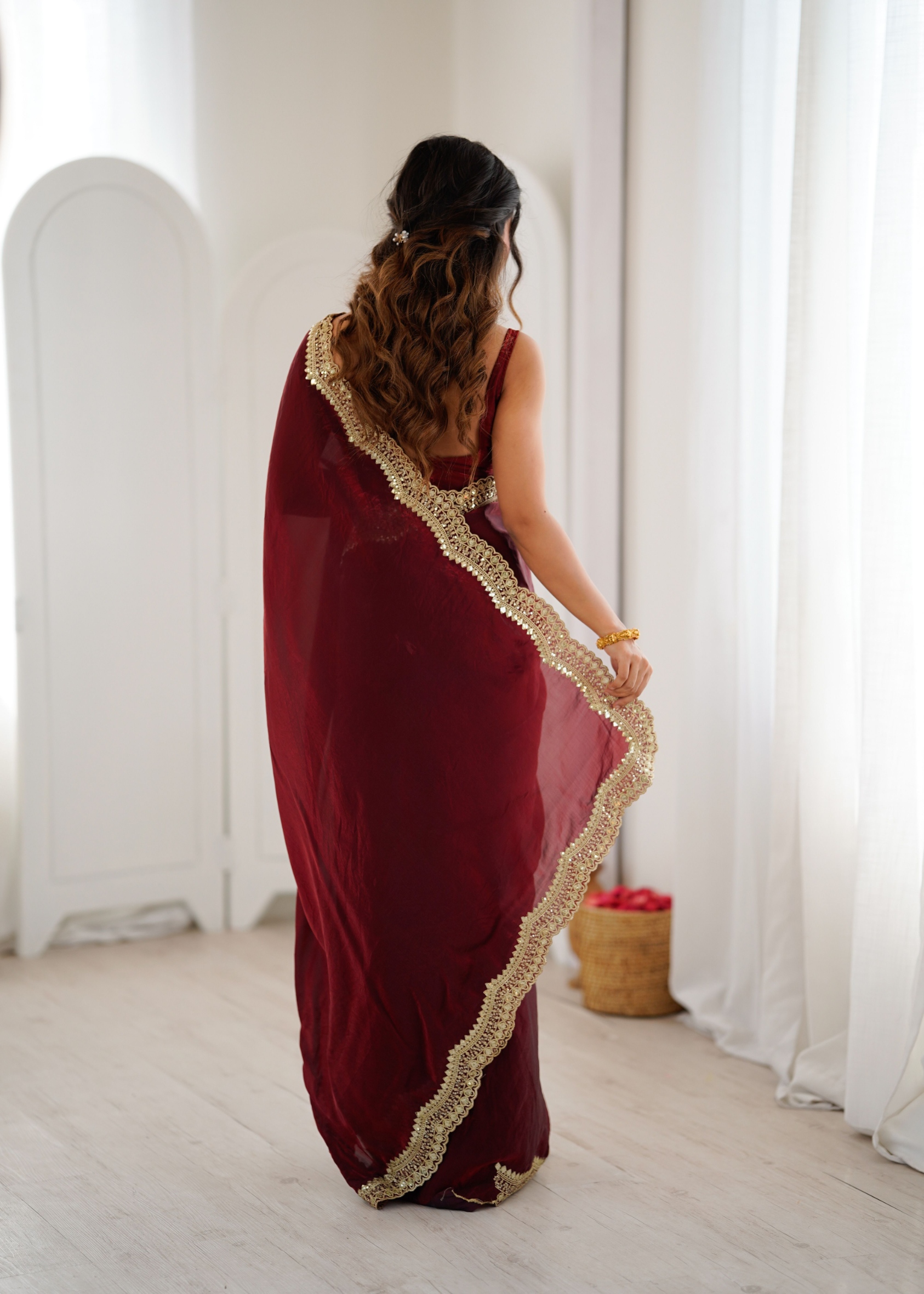 Maroon Fendy Satin Silk Sequin Zari Embroidered Saree — alternate view