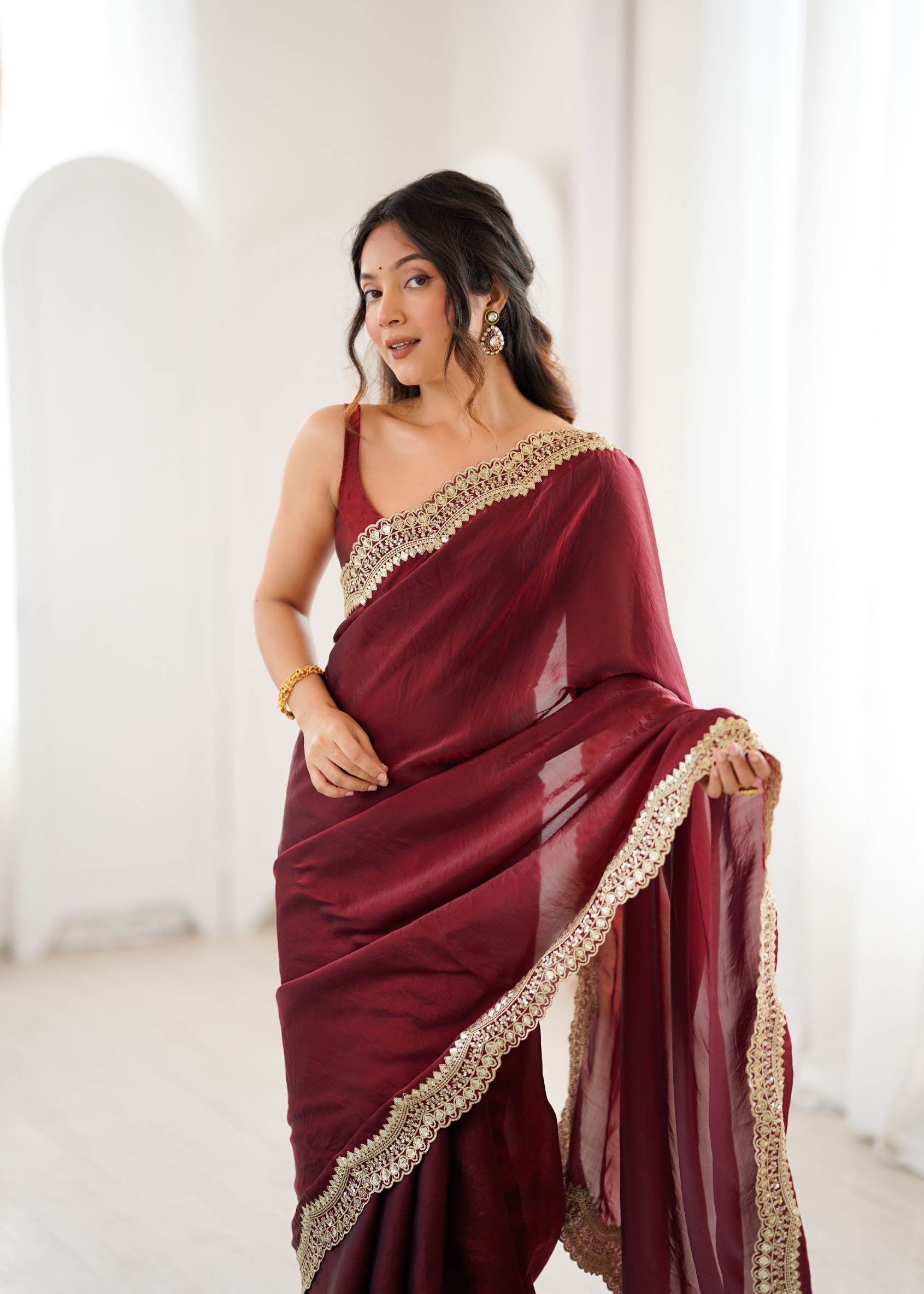 Maroon Fendy Satin Silk Sequin Zari Embroidered Saree