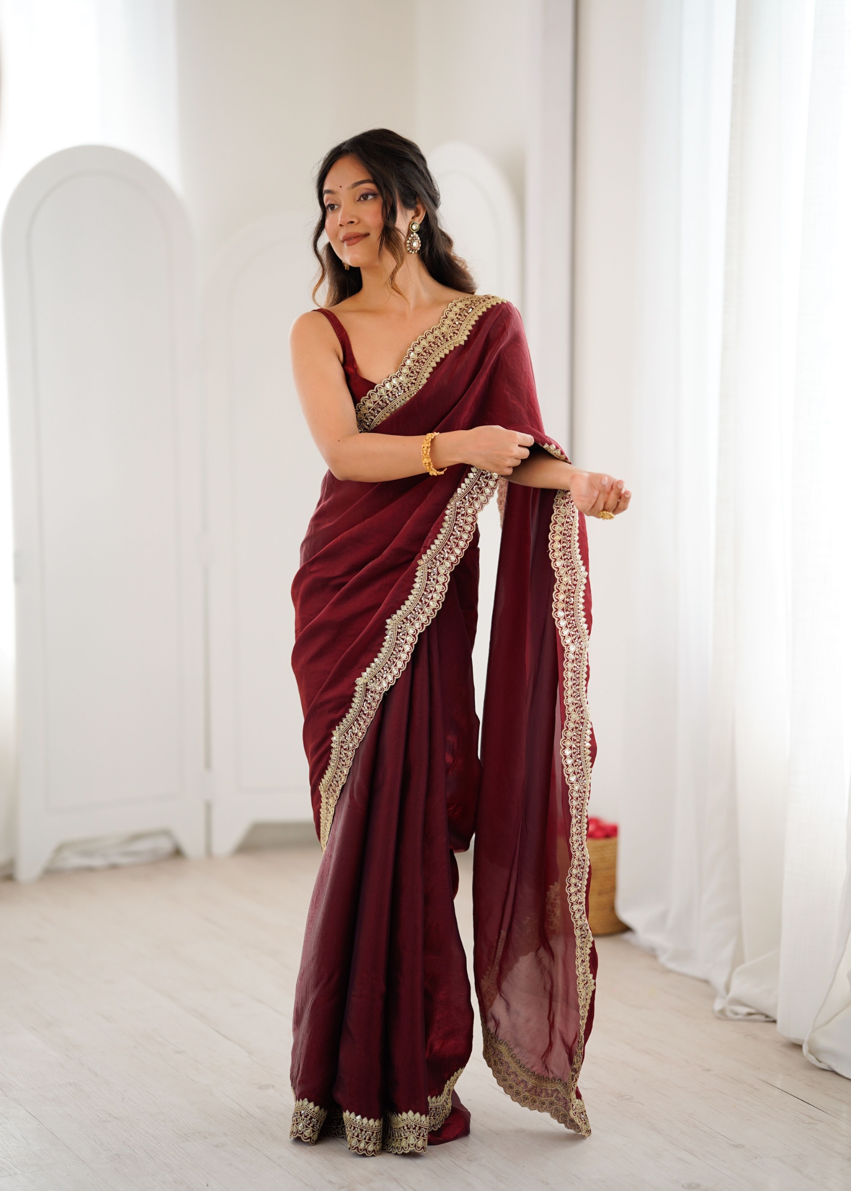 Maroon Fendy Satin Silk Sequin Zari Embroidered Saree