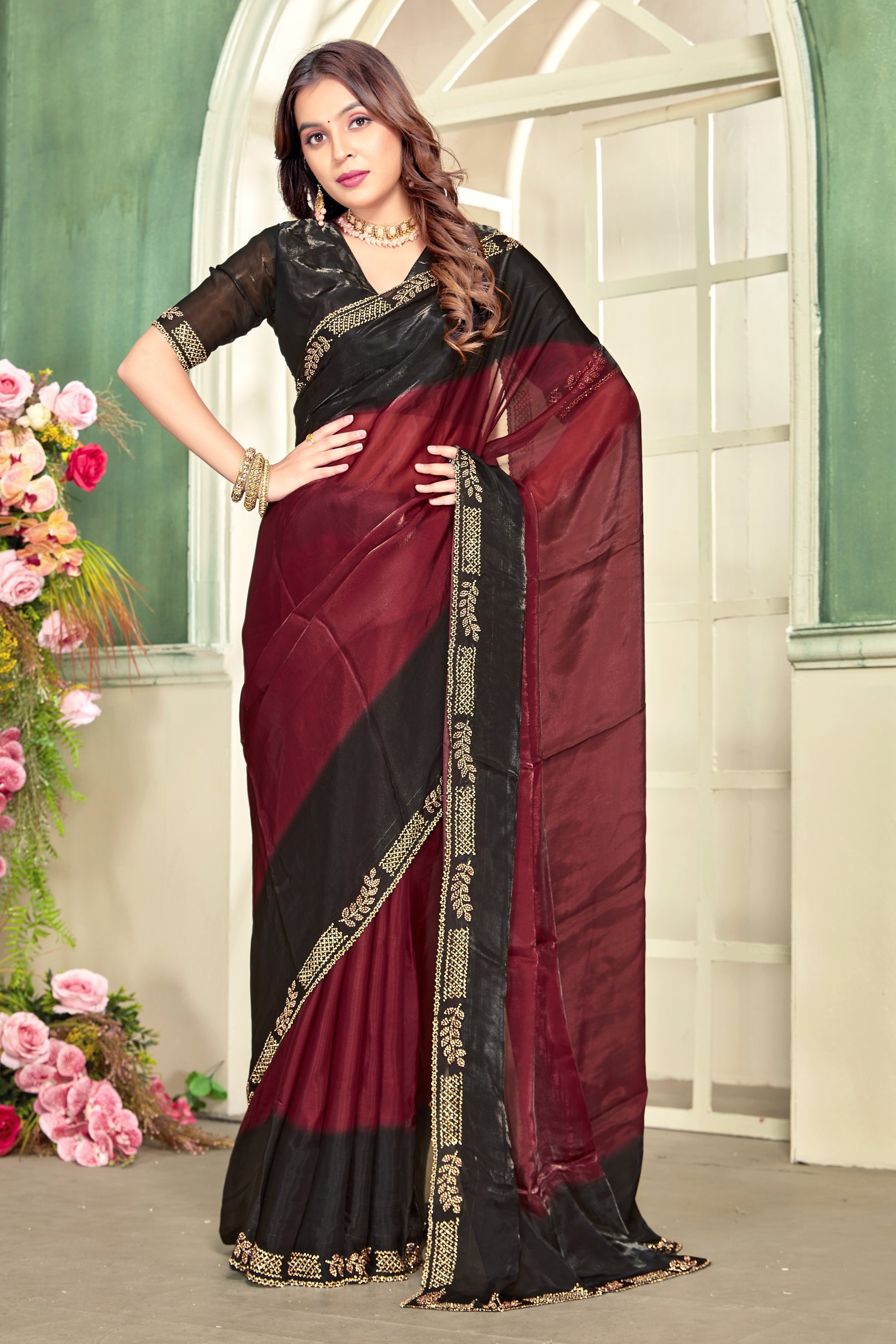 Maroon Fendy Satin Silk Zircon Border Saree
