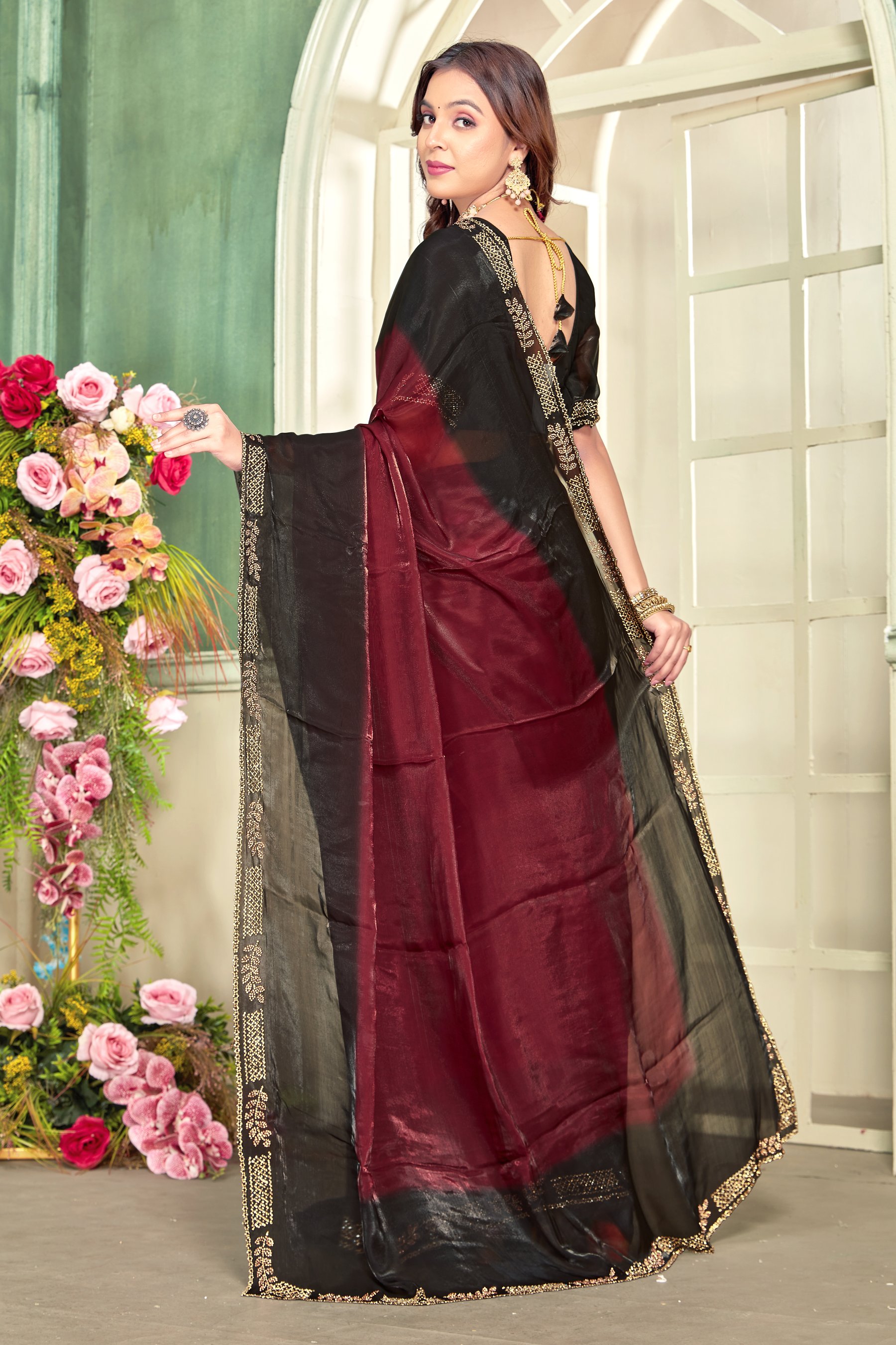 Maroon Fendy Satin Silk Zircon Border Saree — alternate view