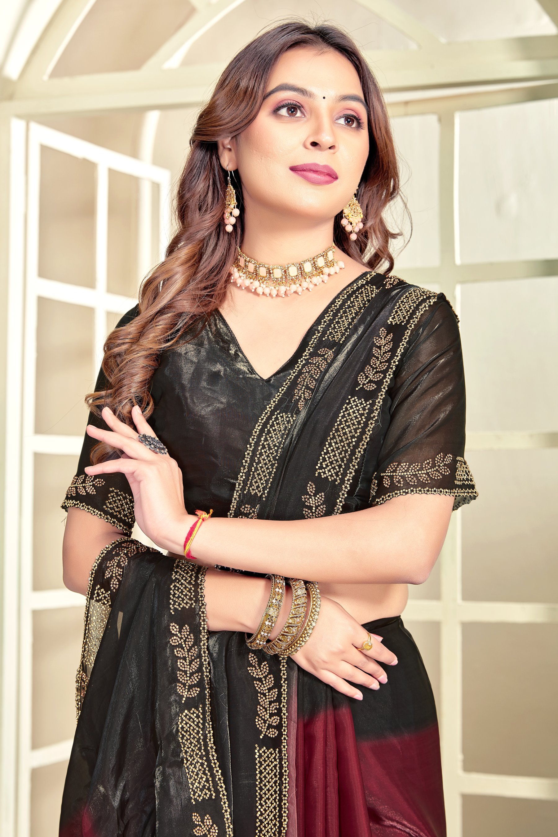 Maroon Fendy Satin Silk Zircon Border Saree