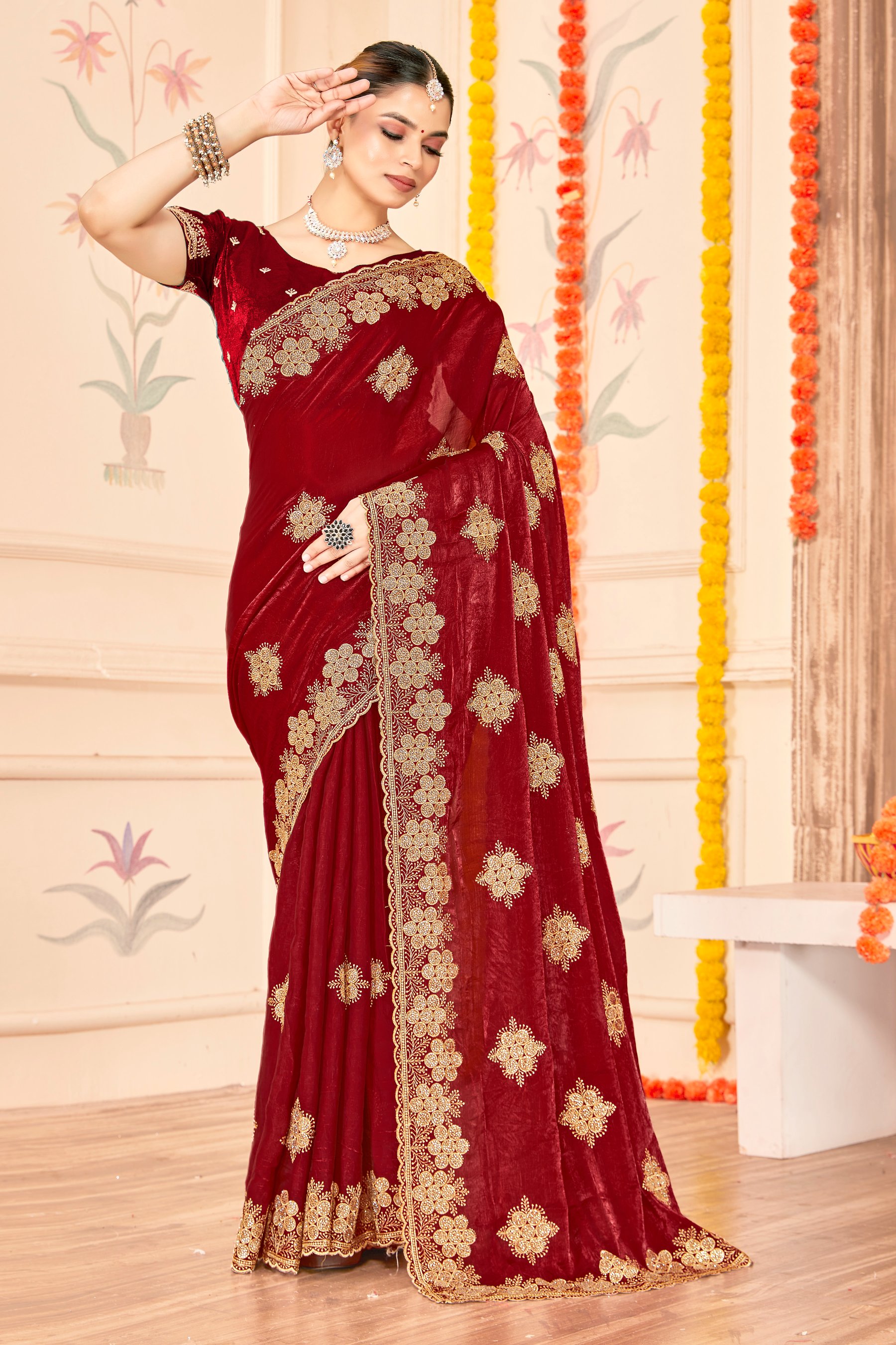 Maroon Fendy Silk Zari Siroski Saree