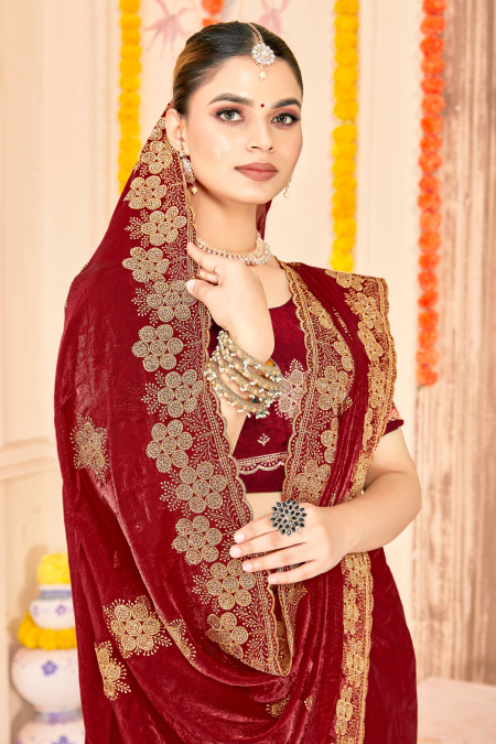 Maroon Fendy Silk Zari Siroski Saree
