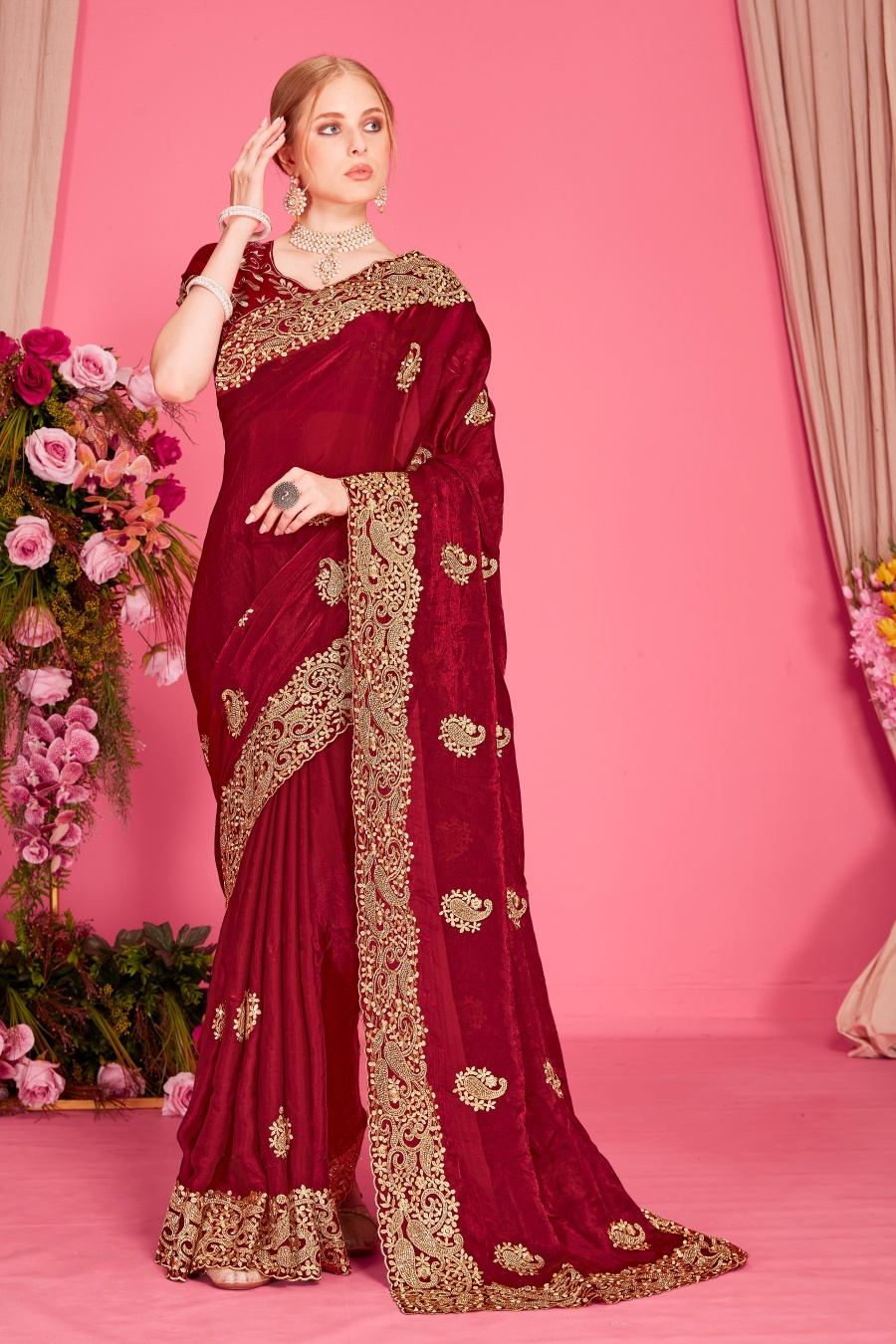 Maroon Fendy Two Tone Silk Heavy Zari Embroidery Zircon Work Designer Silk Saree