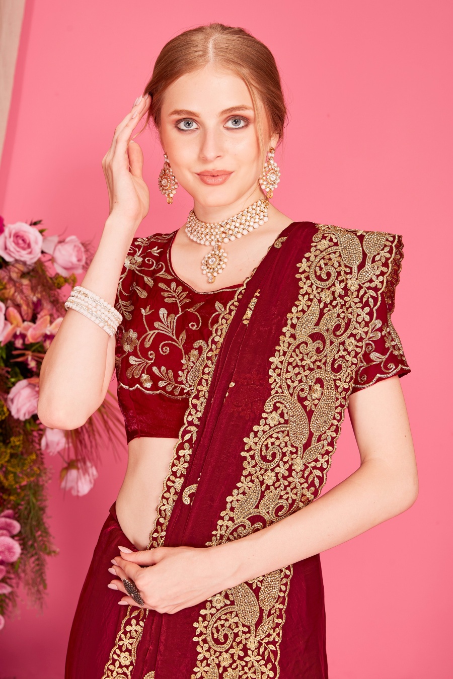 Maroon Fendy Two Tone Silk Heavy Zari Embroidery Zircon Work Designer Silk Saree — alternate view