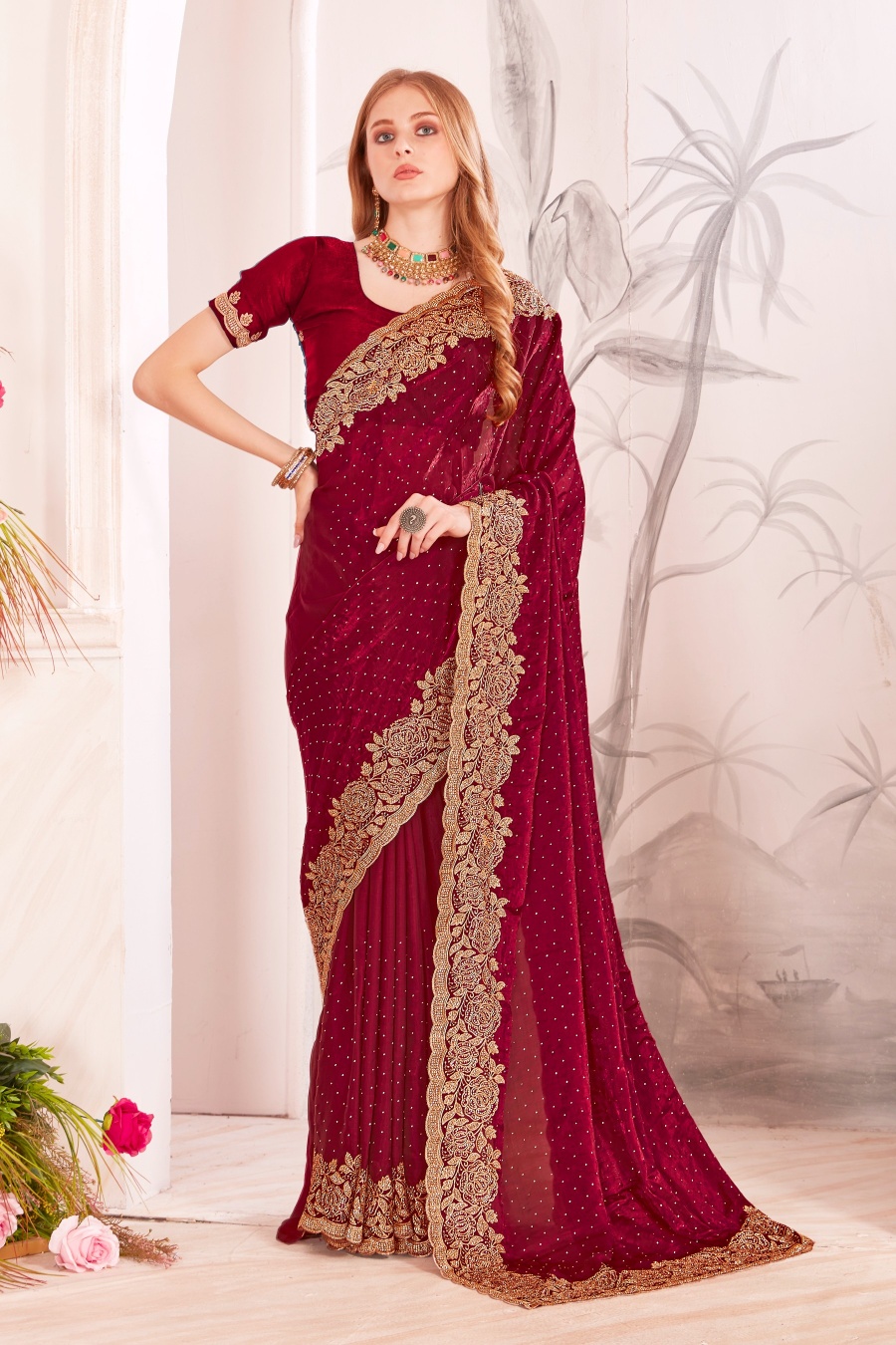 Maroon Fendy Two Tone Silk Heavy Zari Resham Embroidery Zircon Work Premium Saree