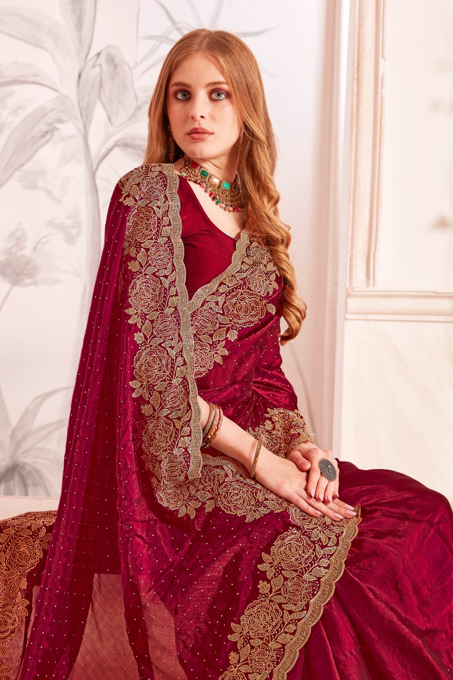 Maroon Fendy Two Tone Silk Heavy Zari Resham Embroidery Zircon Work Premium Saree