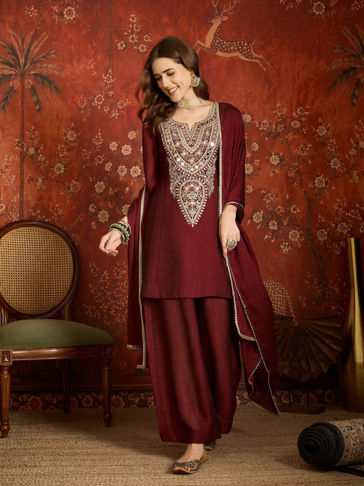 Maroon Floral Designer Embroidery Silk Refined Palazzo Suit