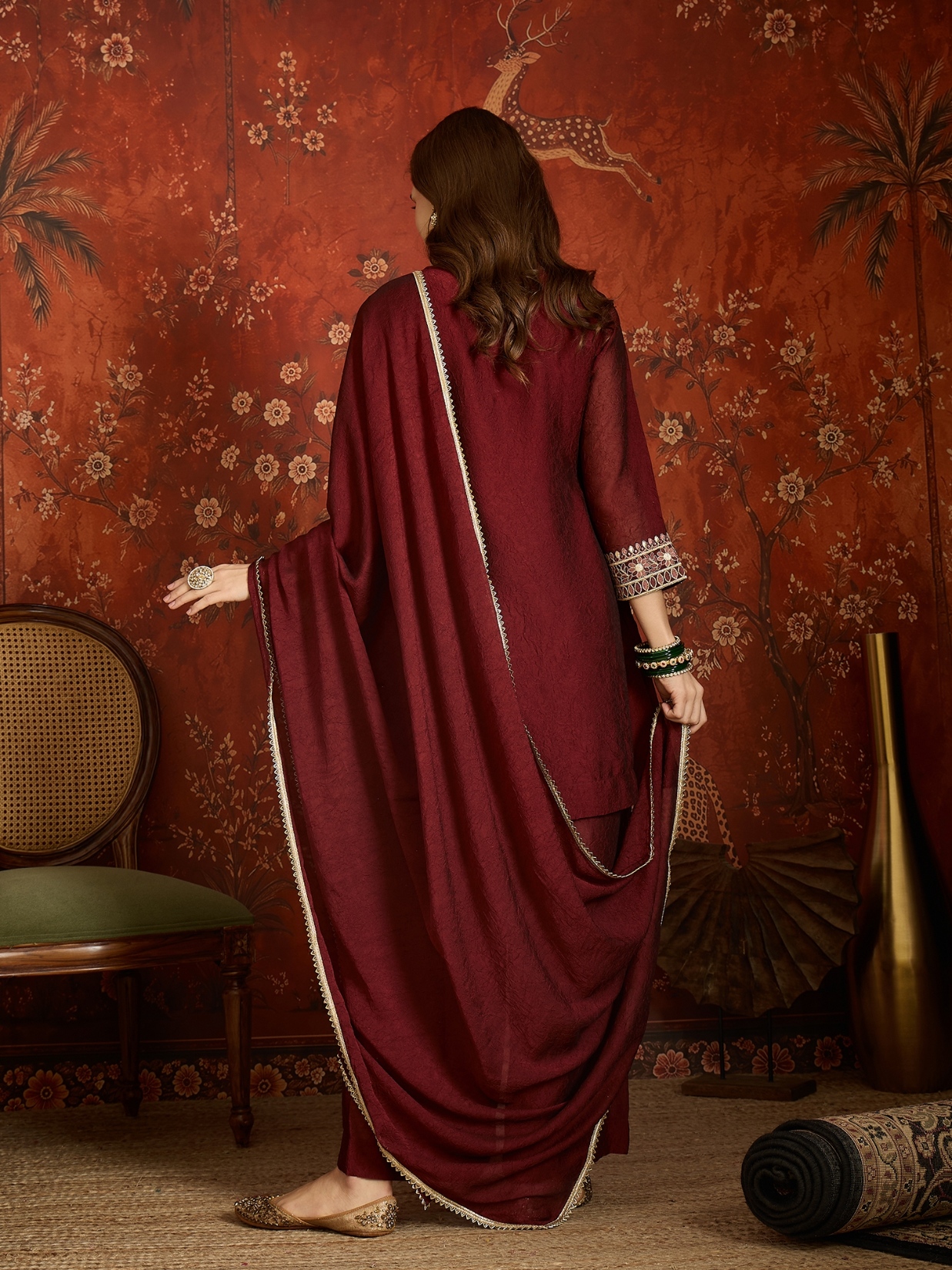 Maroon Floral Designer Embroidery Silk Refined Palazzo Suit — alternate view