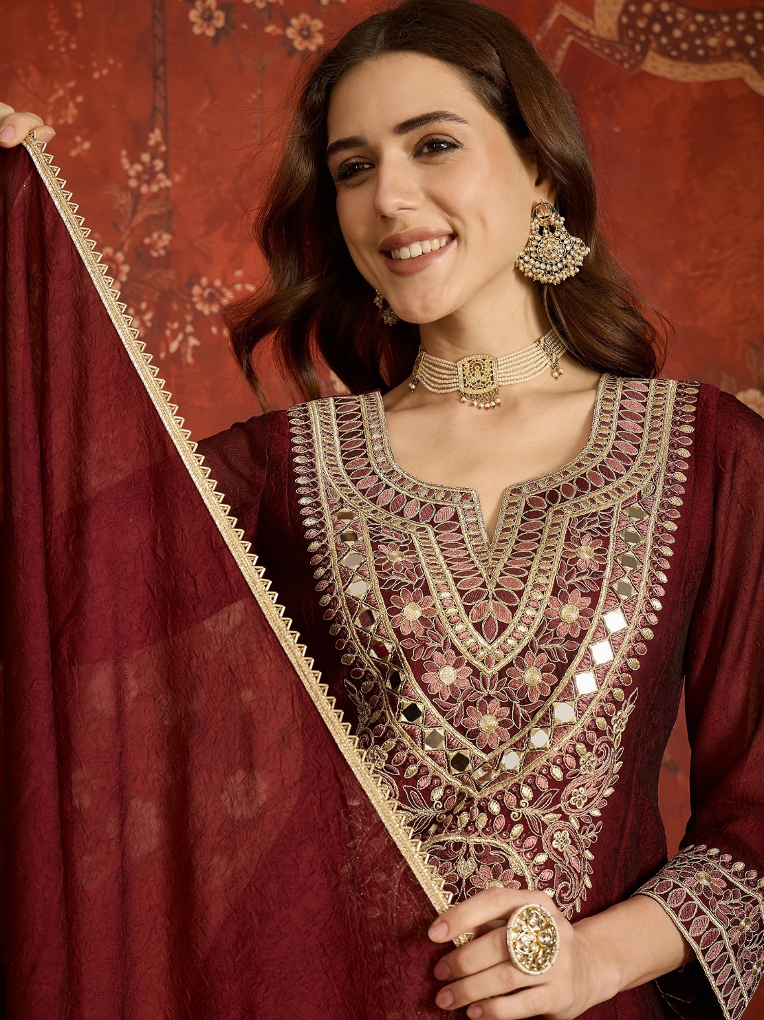 Maroon Floral Designer Embroidery Silk Refined Palazzo Suit