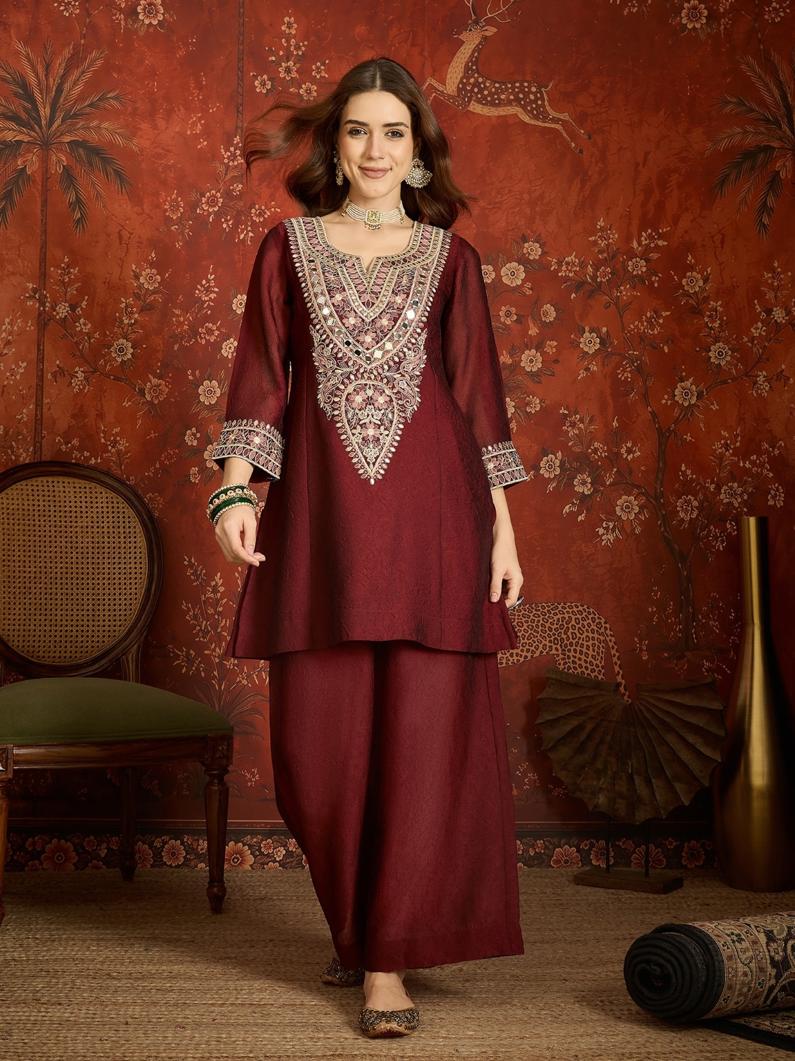 Maroon Floral Designer Embroidery Silk Refined Palazzo Suit