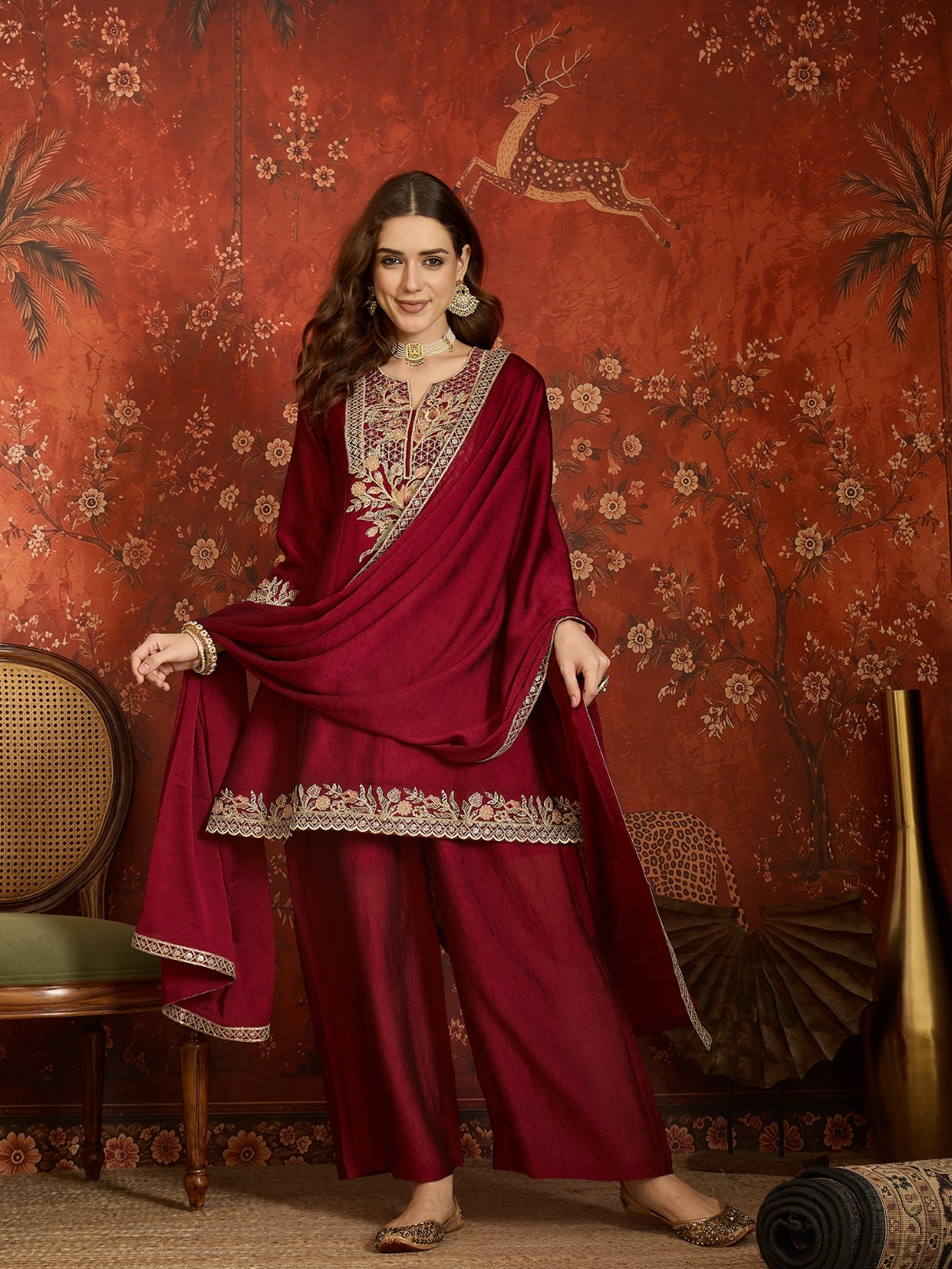 Maroon Floral Designer Embroidery Silk Regal Palazzo Suit