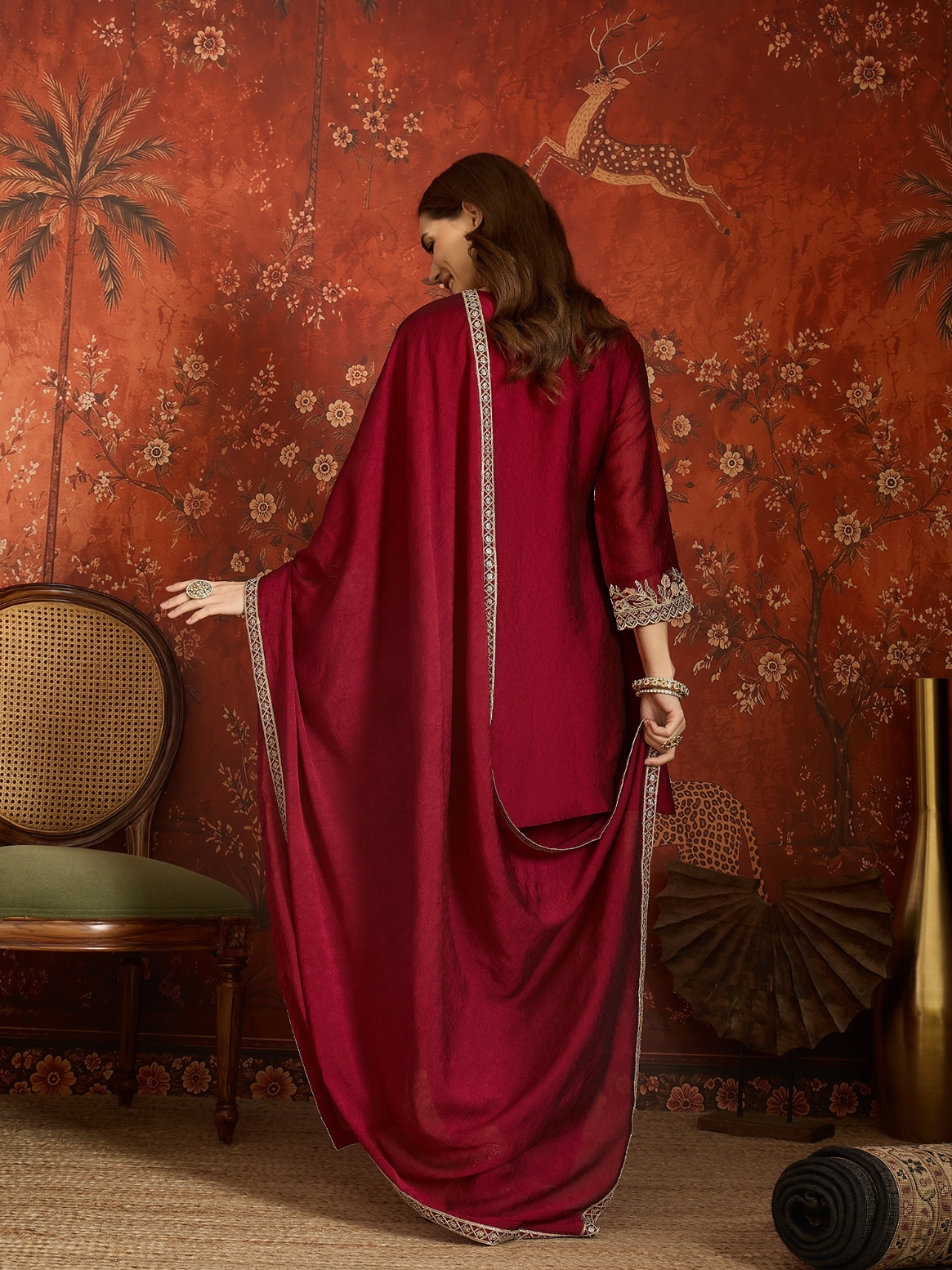 Maroon Floral Designer Embroidery Silk Regal Palazzo Suit — alternate view